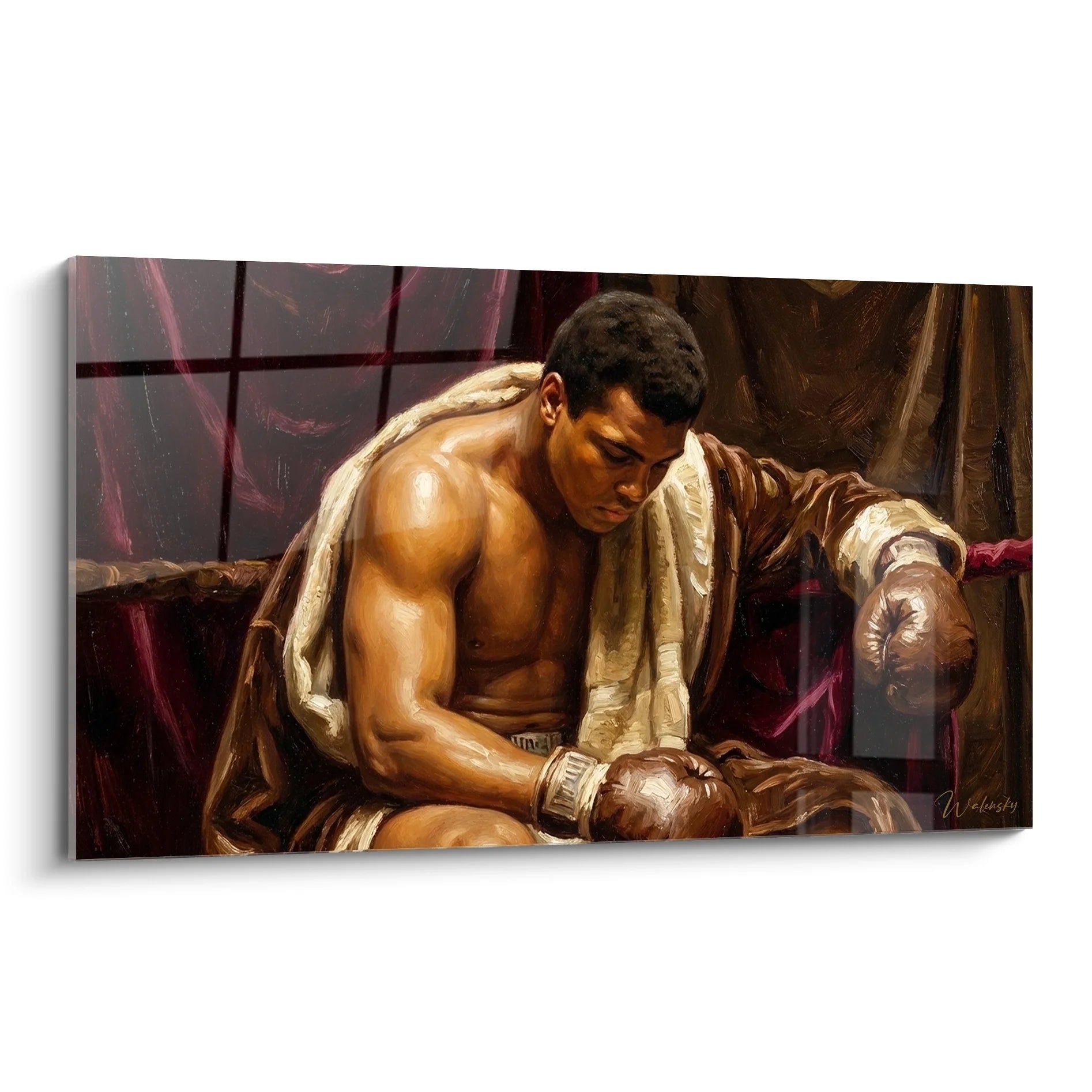 Tableau boxeur contemplatif torse nu avec gants assis après entraînement art mural boxe