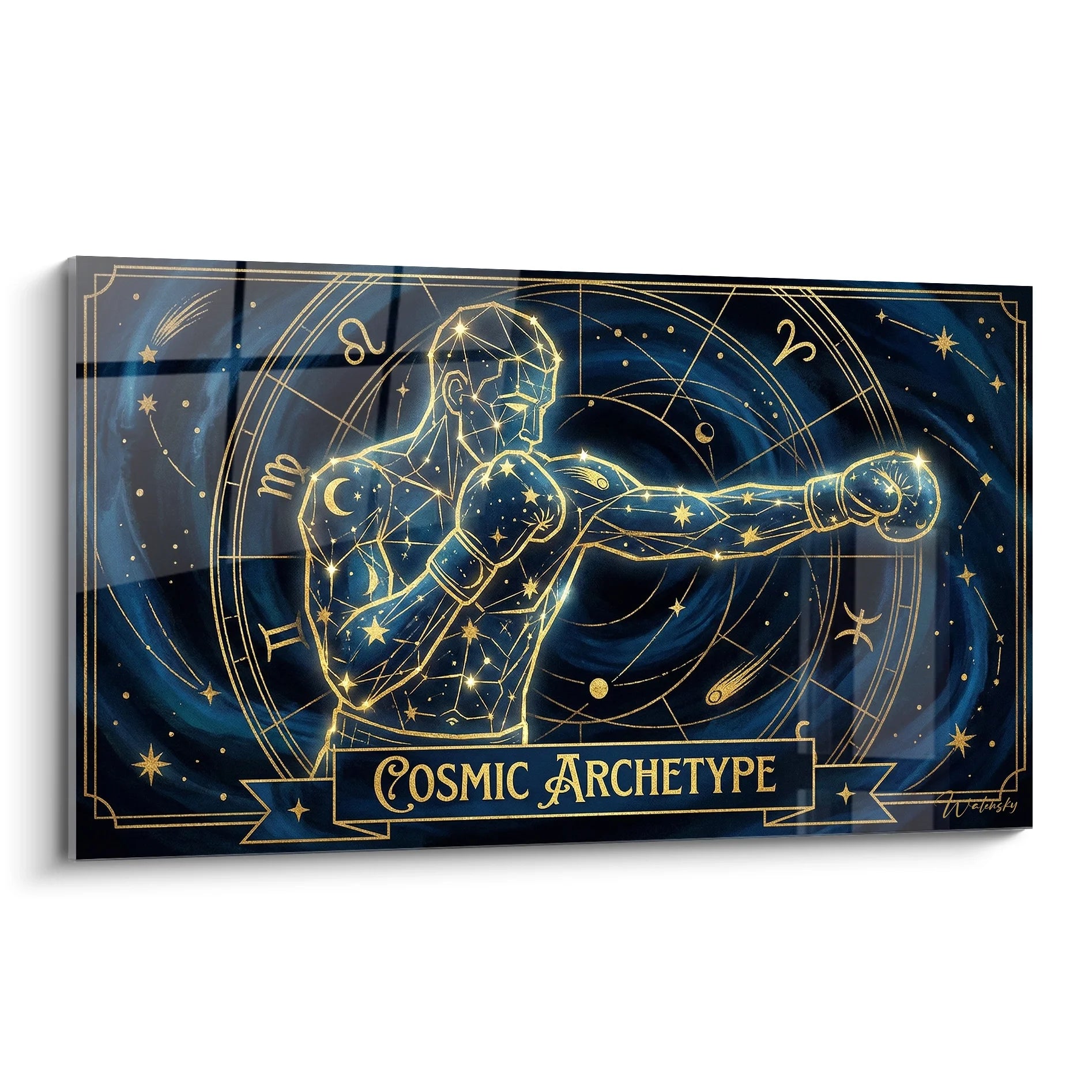 Tableau boxeur cosmic archetype constellation dorée fond bleu étoilé décoration boxe moderne