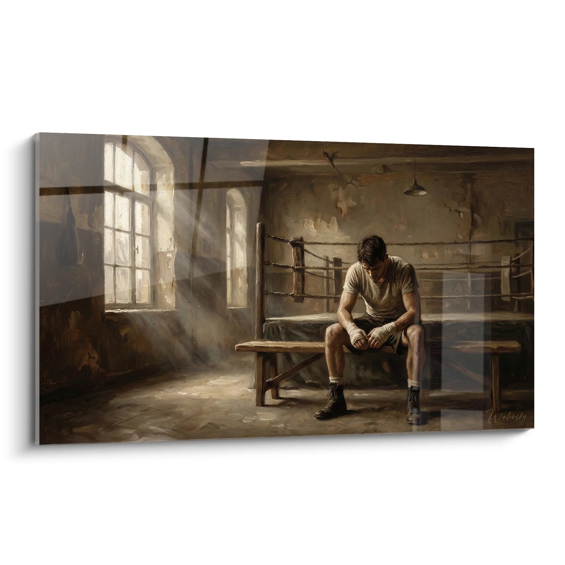 Tableau boxeur défait assis banc salle entraînement vintage lumière dorée fenêtres art déco boxe