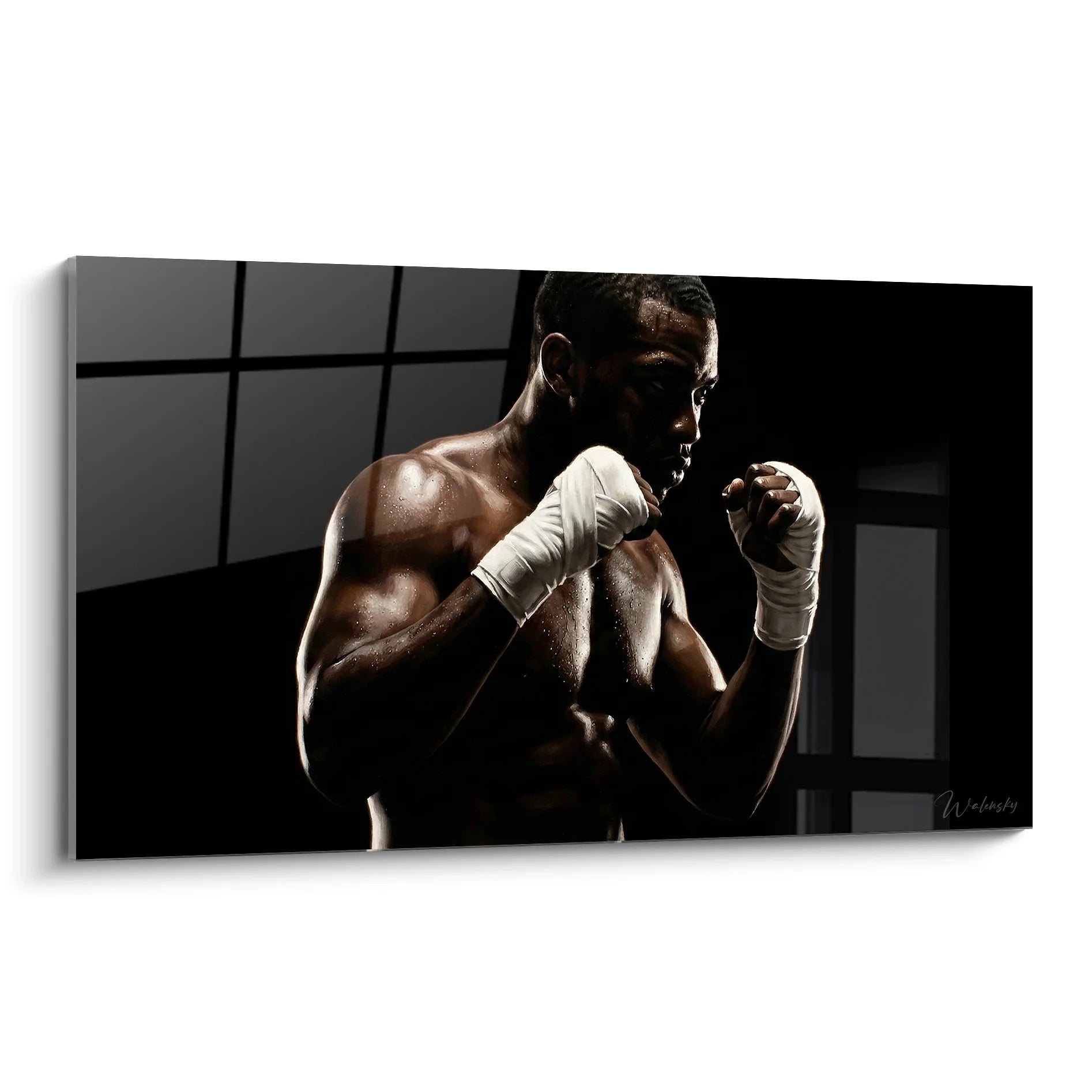 Tableau boxeur professionnel en entraînement avec bandages blancs, art mural sport combat moderne
