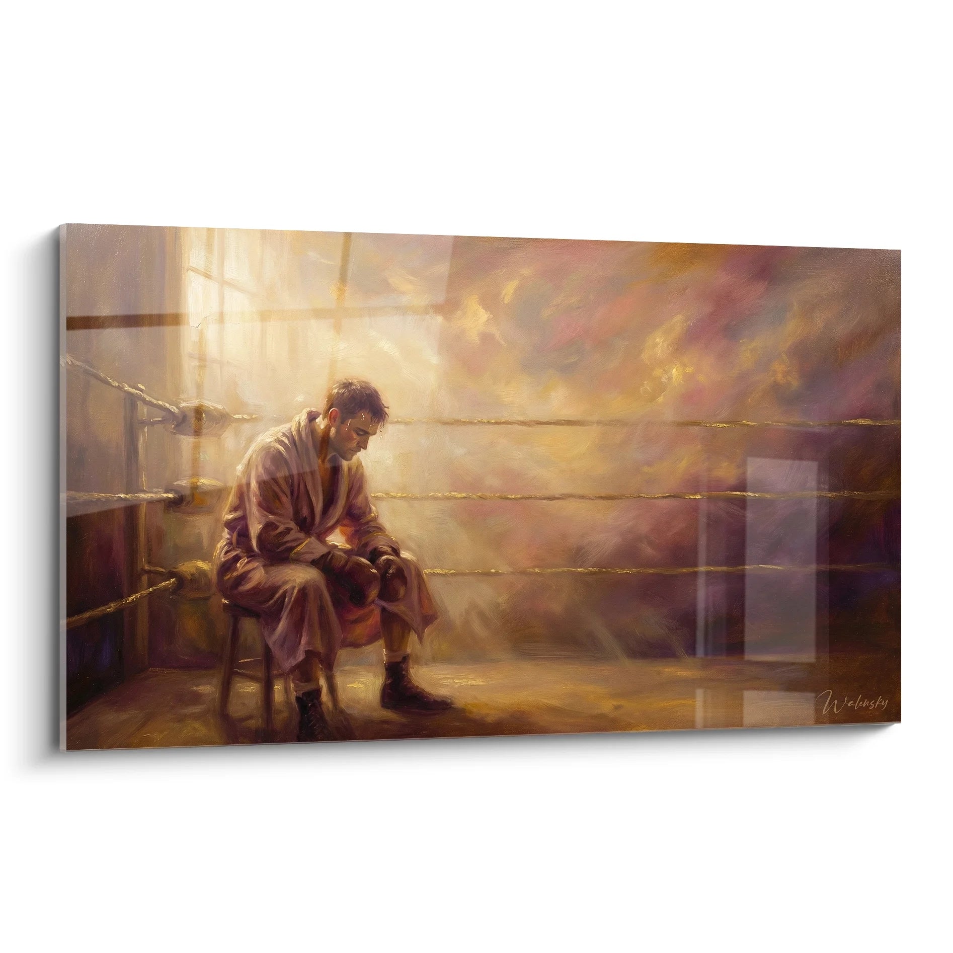 Tableau boxeur méditatif assis dans les cordes du ring en contemplation avec lumière dorée