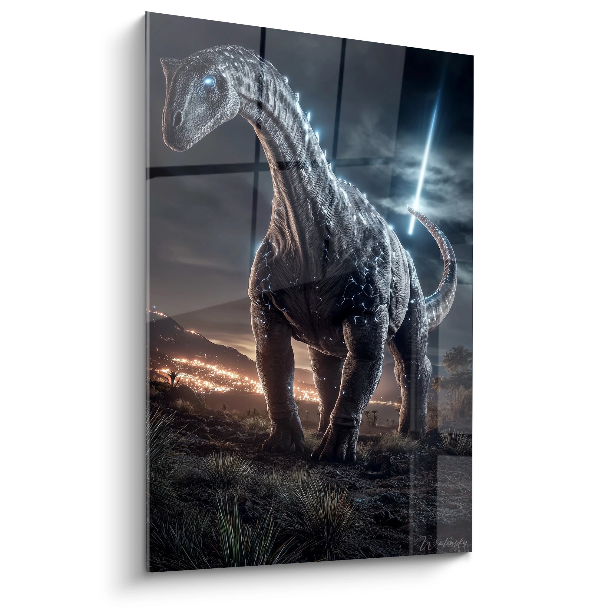Tableau mural brachiosaure futuriste dans paysage post-apocalyptique avec flammes et éclairs - art dinosaure
