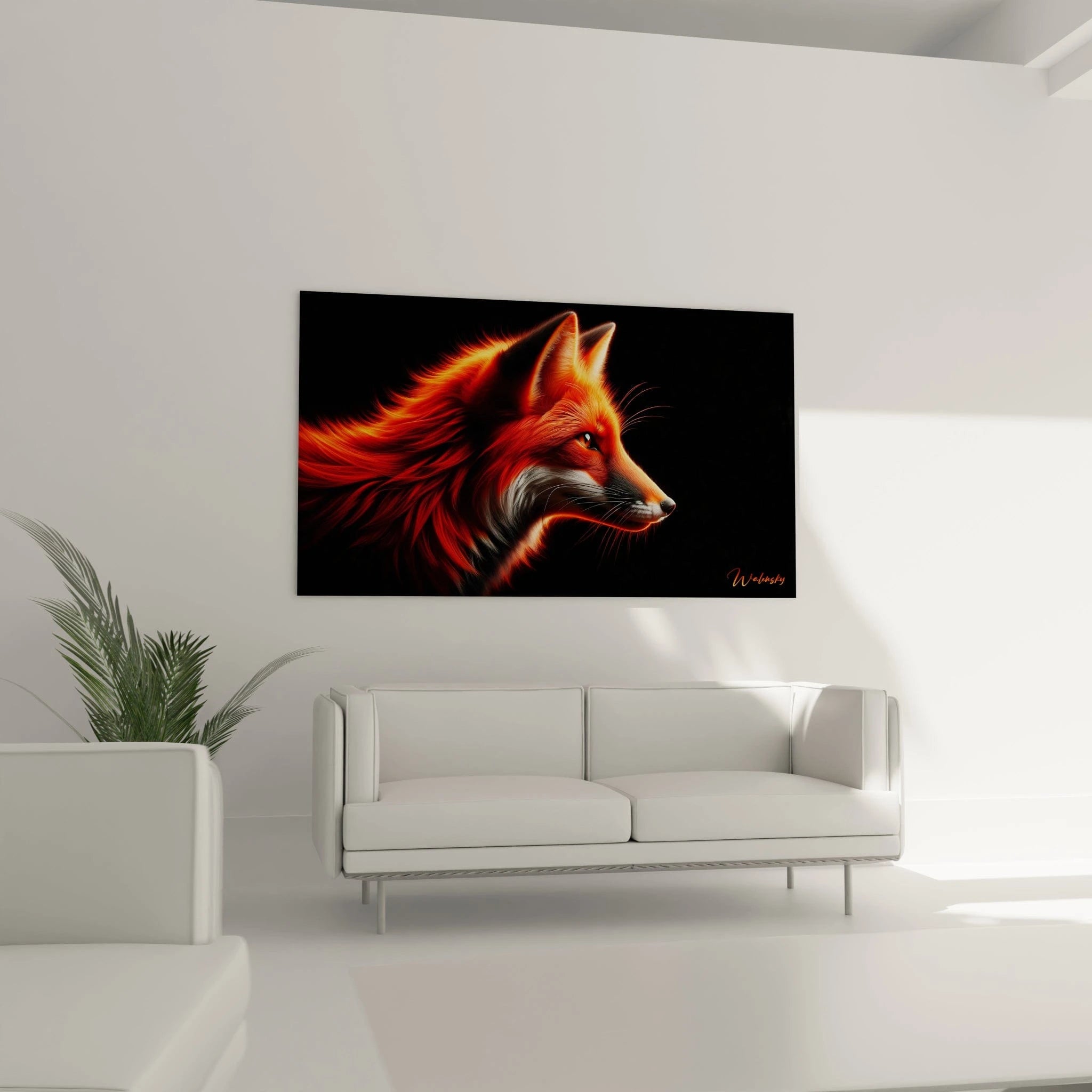 Un tableau d'animal montrant un profil de renard au pelage flamboyant dans des teintes orange et rouges intenses. La texture soyeuse et ondulante de la fourrure crée un effet de mouvement sur fond noir. Le contraste entre la zone blanche du cou et la crinière éclatante souligne les détails anatomiques.