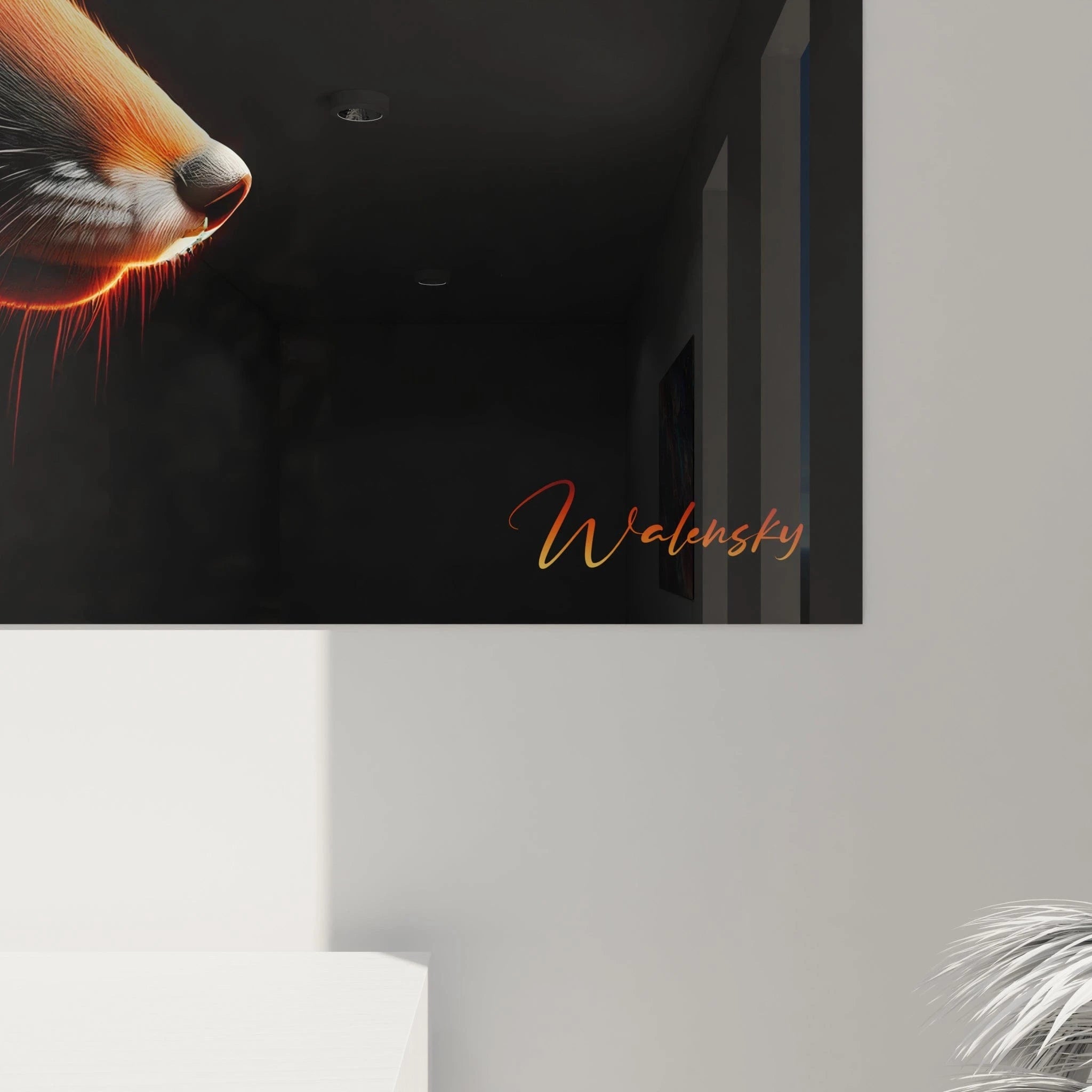 Un tableau d'animal présentant un renard vu de côté avec un pelage aux reflets rougeoyants comme illuminé de l'intérieur sur fond noir. La texture finement détaillée révèle chaque poil avec un effet de luminescence. Les subtiles variations de couleur entre l'orange vif, le rouge profond et le blanc créent un rendu réaliste et dynamique.