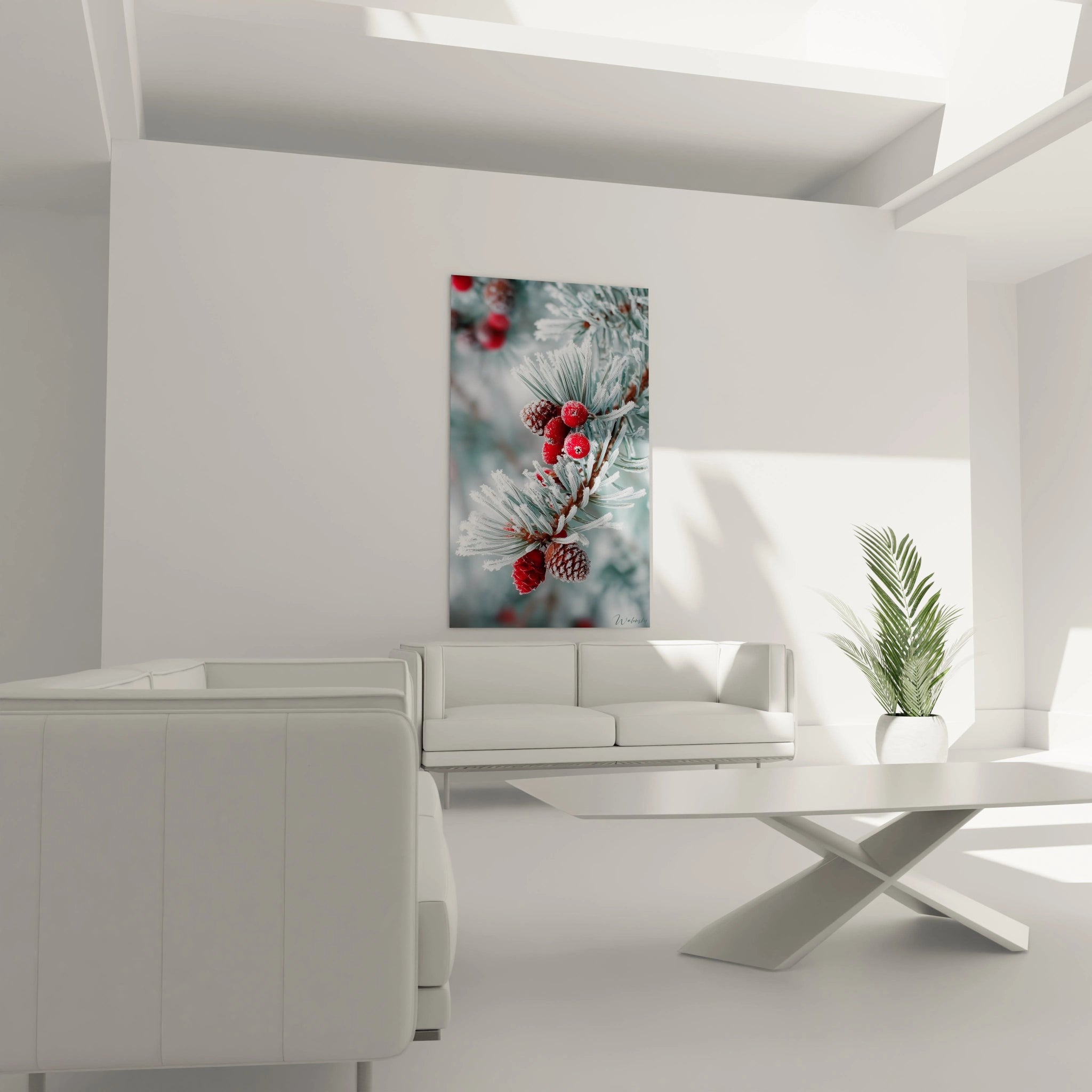 Tableau mural branche hivernale décoratif avec des baies rouges sur fond de neige