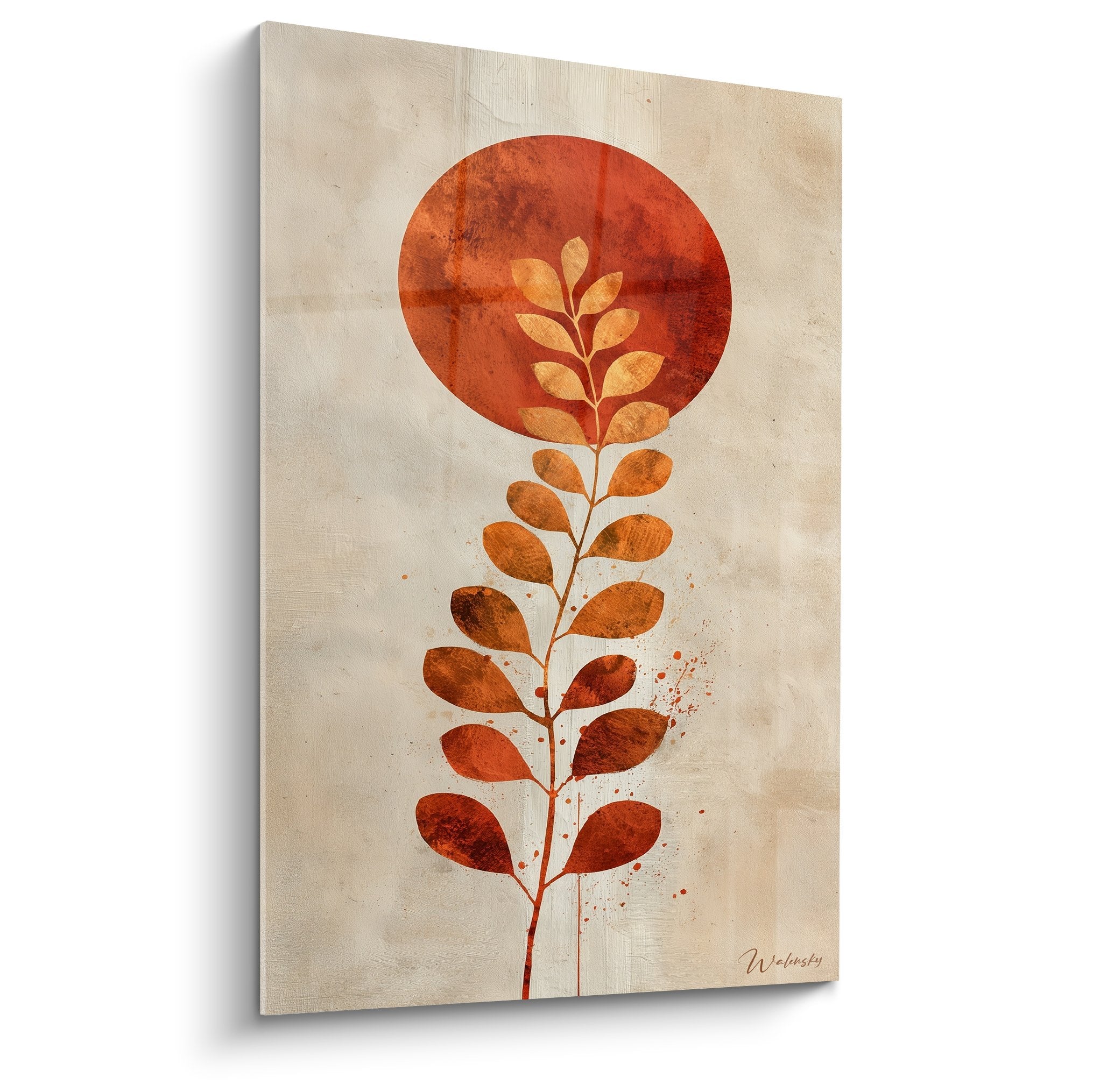 Stilisiertes Ast-Gemälde mit kupferfarbenen Blättern, rotem orangefarbenem Kreis auf beigem Hintergrund, Feng Shui Erdmitte