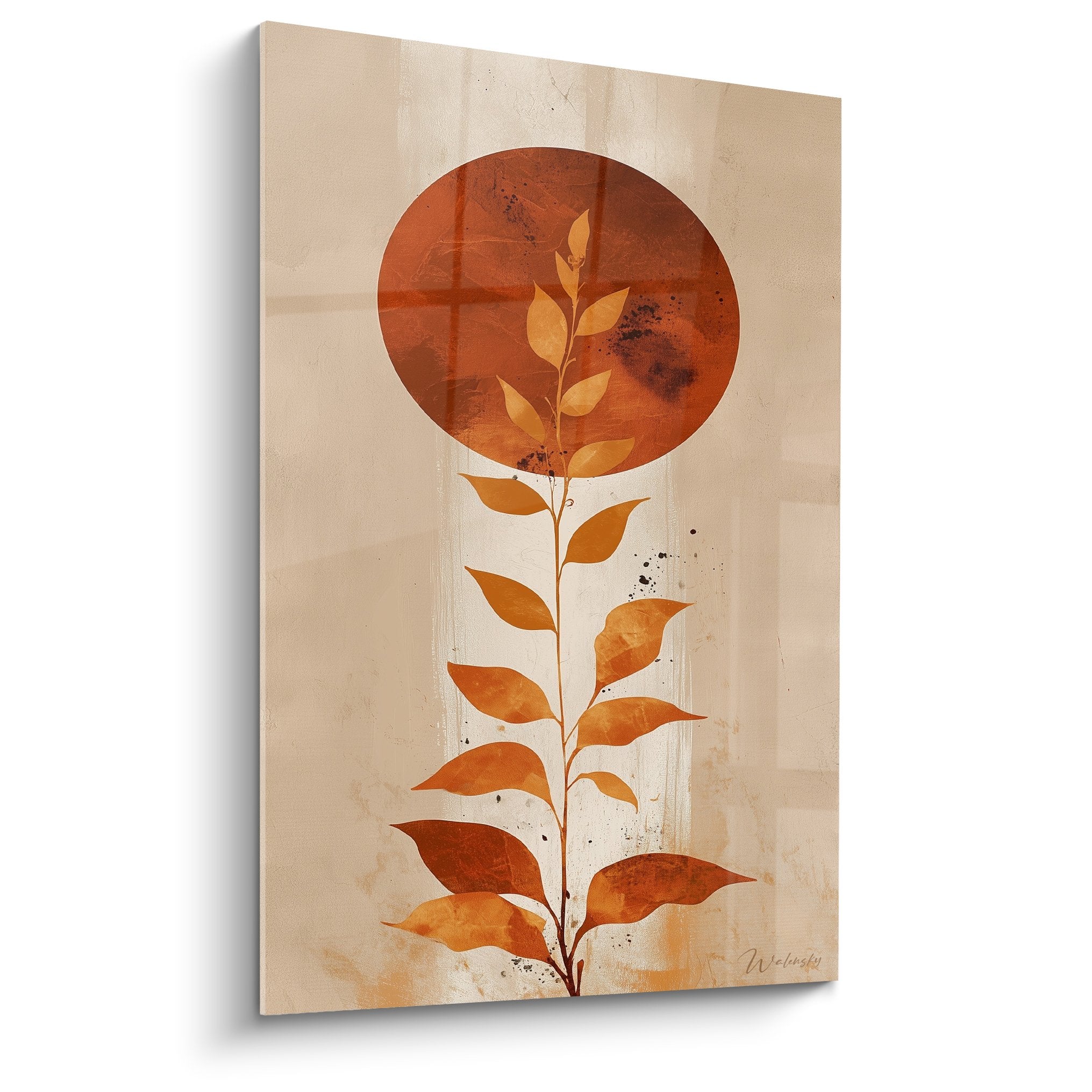 Golden branch leaves circle terracotta beige background minimalist feng shui earth-centered wall art