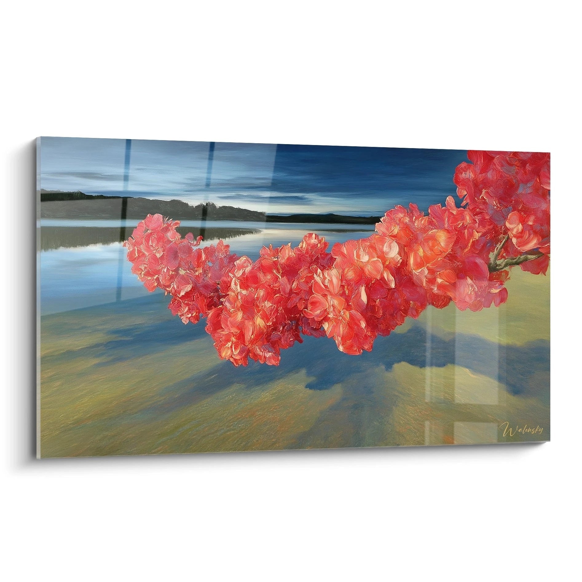 Walensky tableau hyperréalisme branche fleurie rouge montrant une branche rouge vif flottant au dessus d un lac paisible