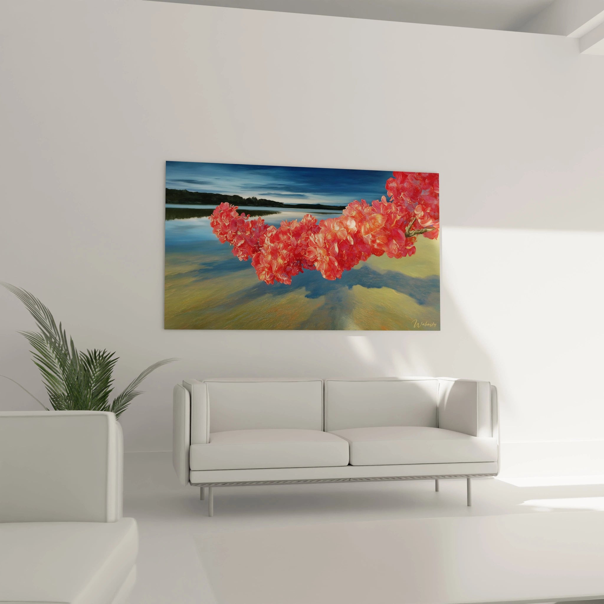 Walensky tableau hyperréalisme branche fleurie rouge montrant branche rouge flottant sur lac pour decoration murale
