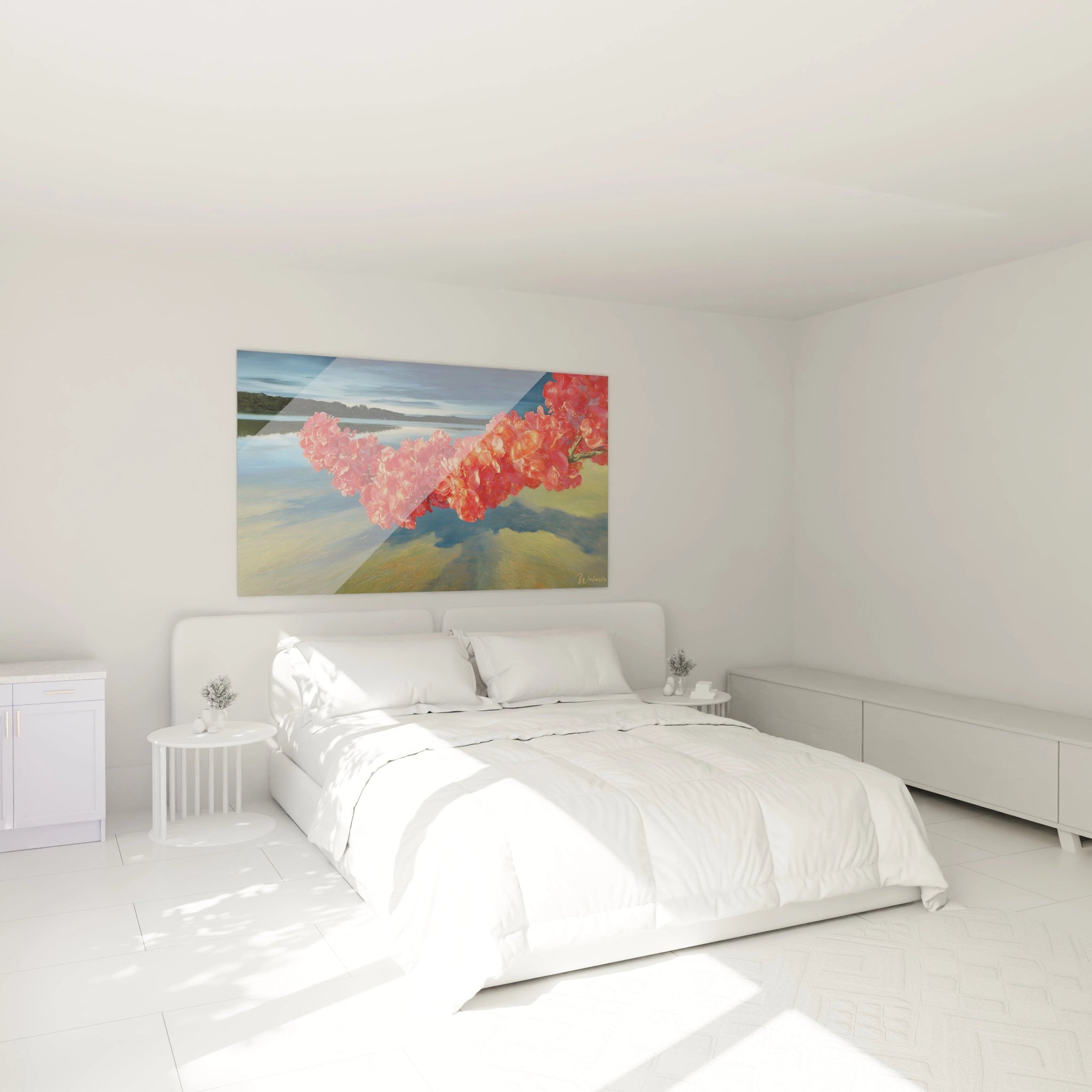 tableau hyperréalisme branche fleurie rouge de Walensky accroché au dessus d un lit dans une chambre blanche minimaliste