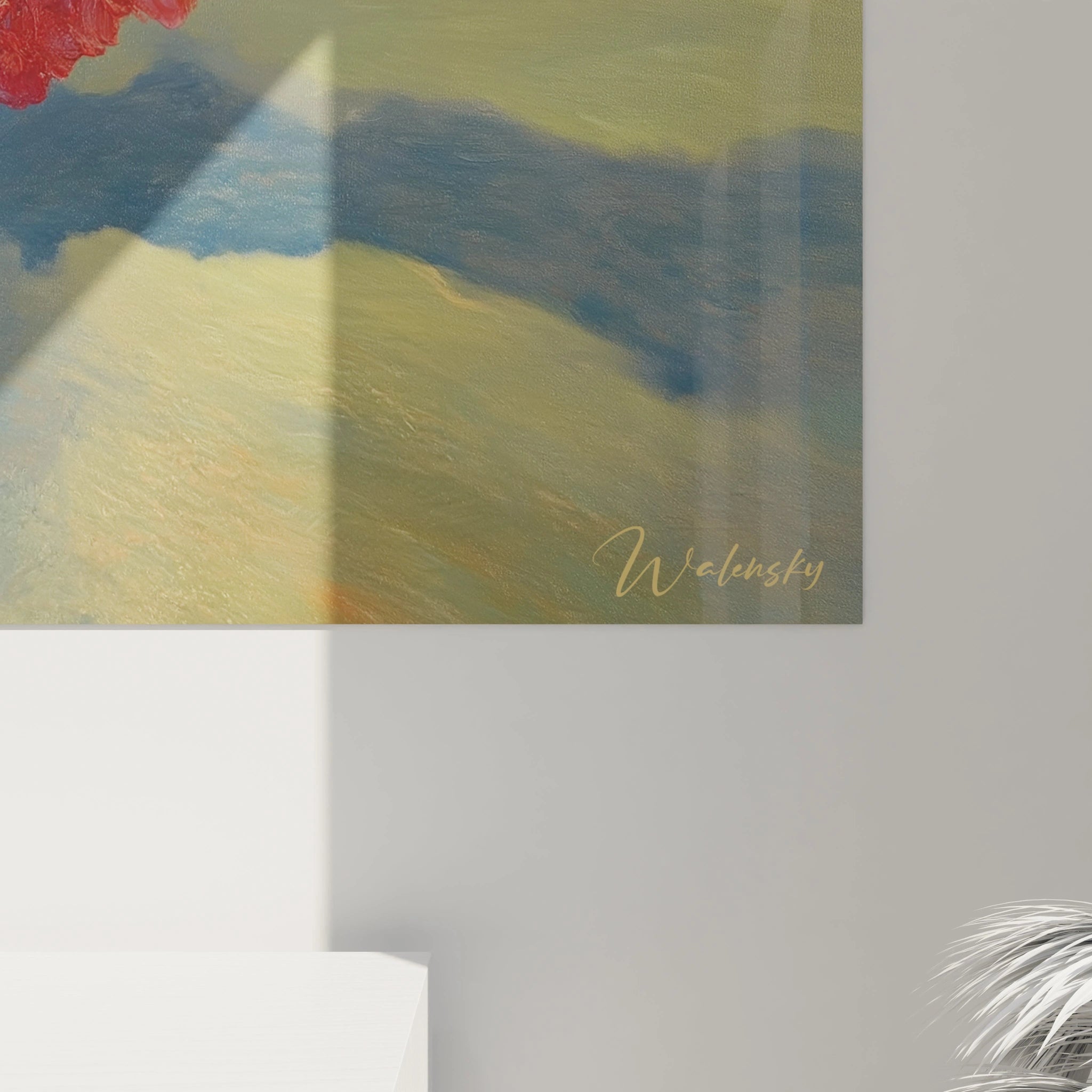 Tableau mural Walensky montrant un tableau hyperréalisme branche fleurie rouge partiel signé