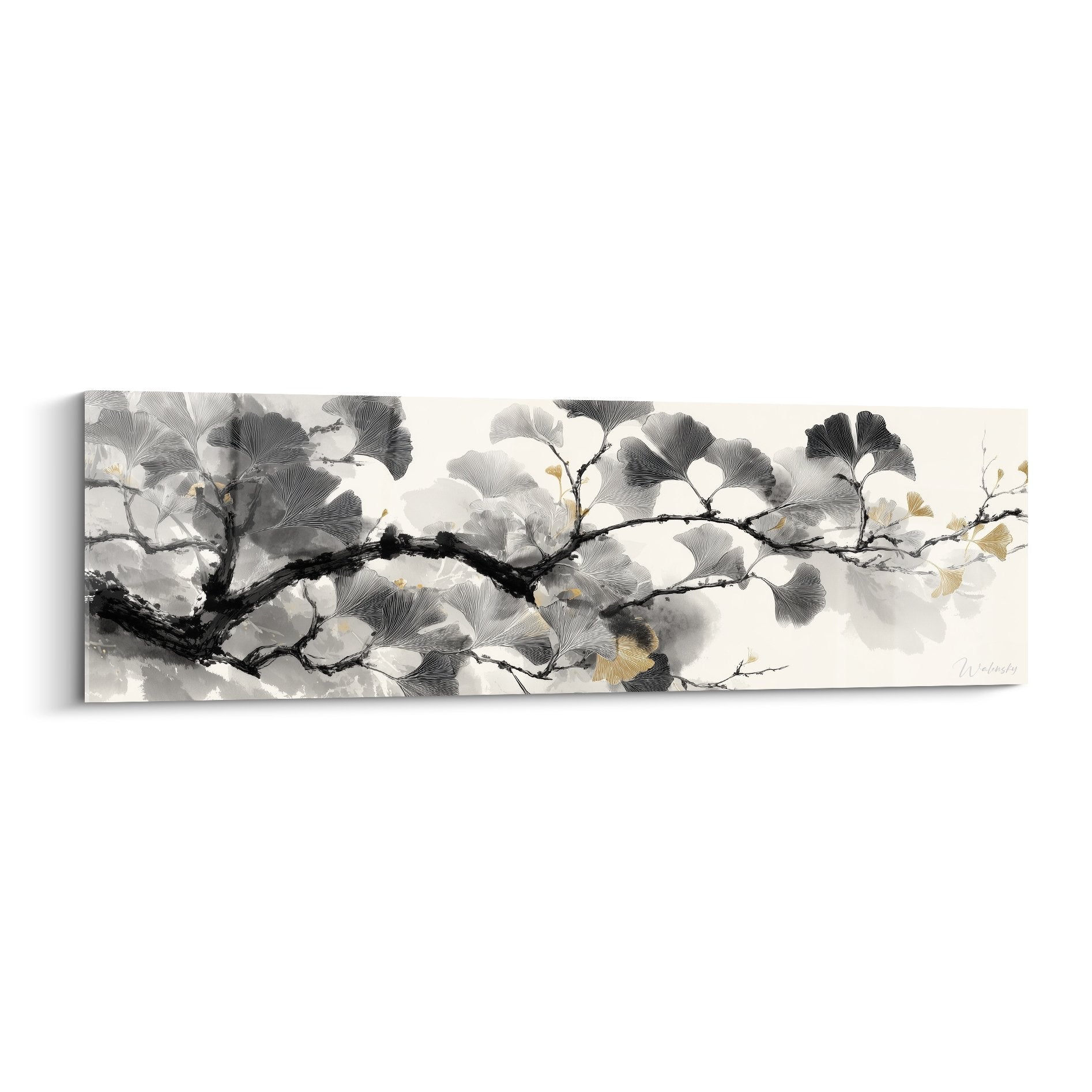 Tableau moderne branche ginkgo noir gris or fond blanc style japonais zen horizontal