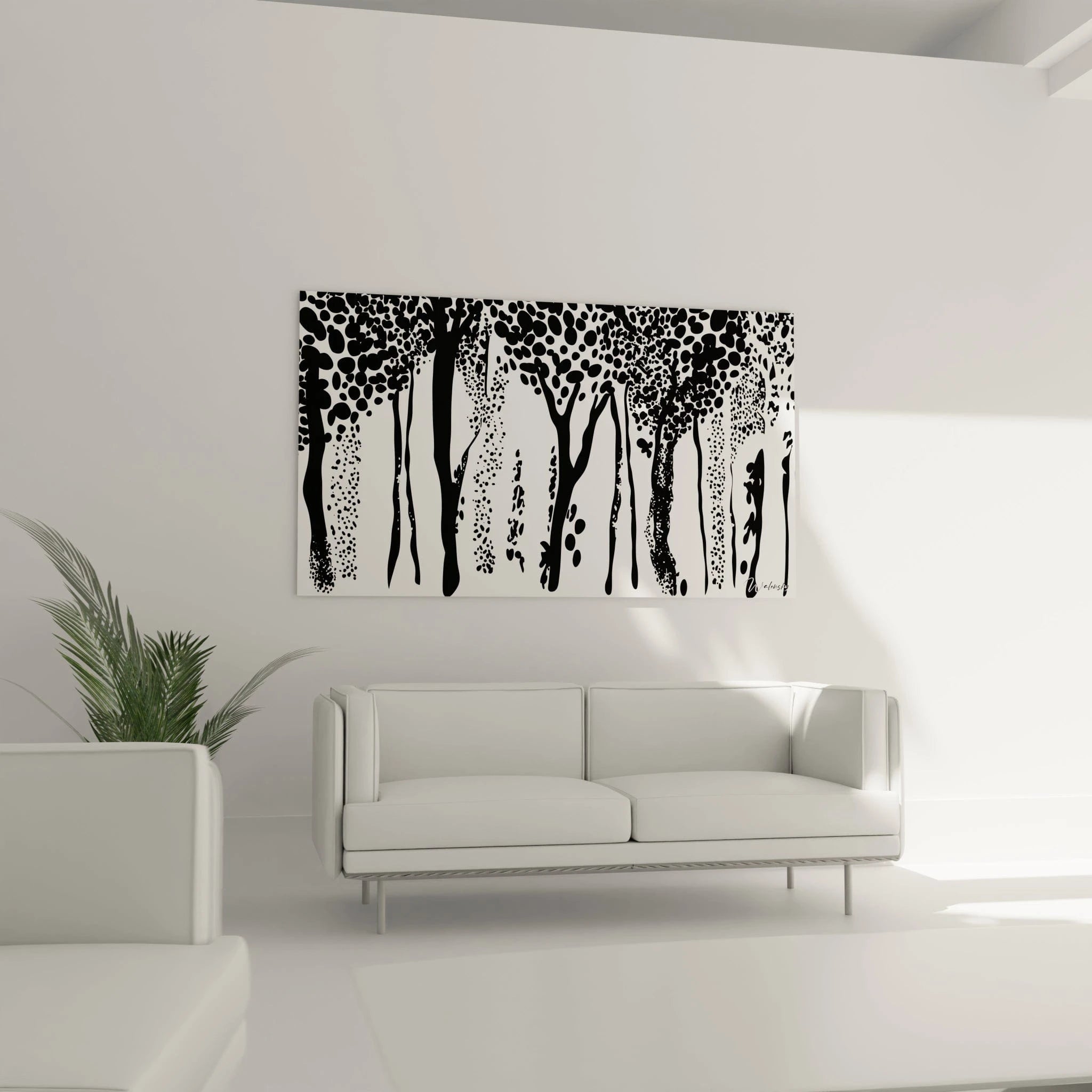 Tableau tacheté noir et blanc de Walensky représentant des arbres modernes sur un mur blanc