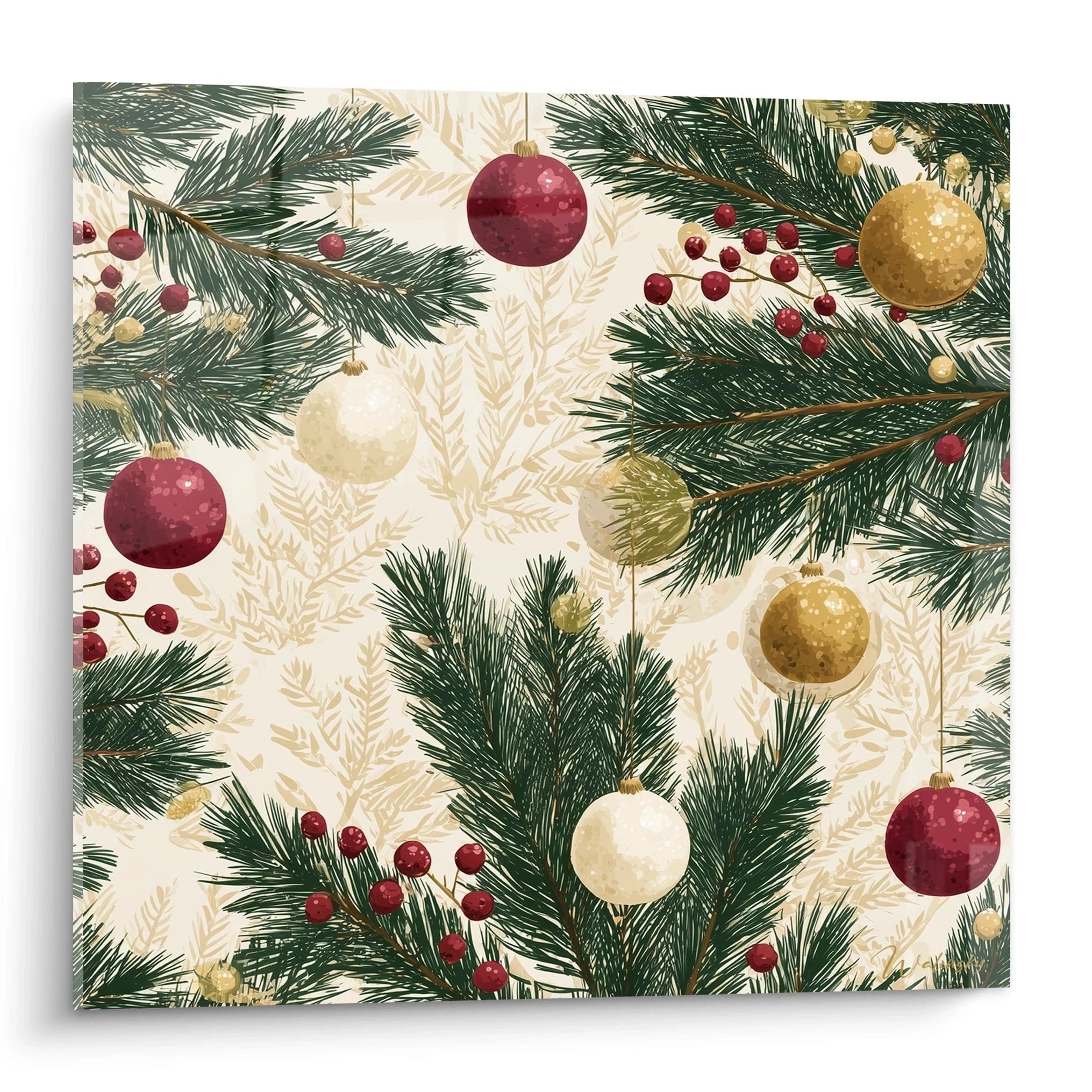 Tableau sapin de Noël avec des décorations dorées et rouges sur fond crème