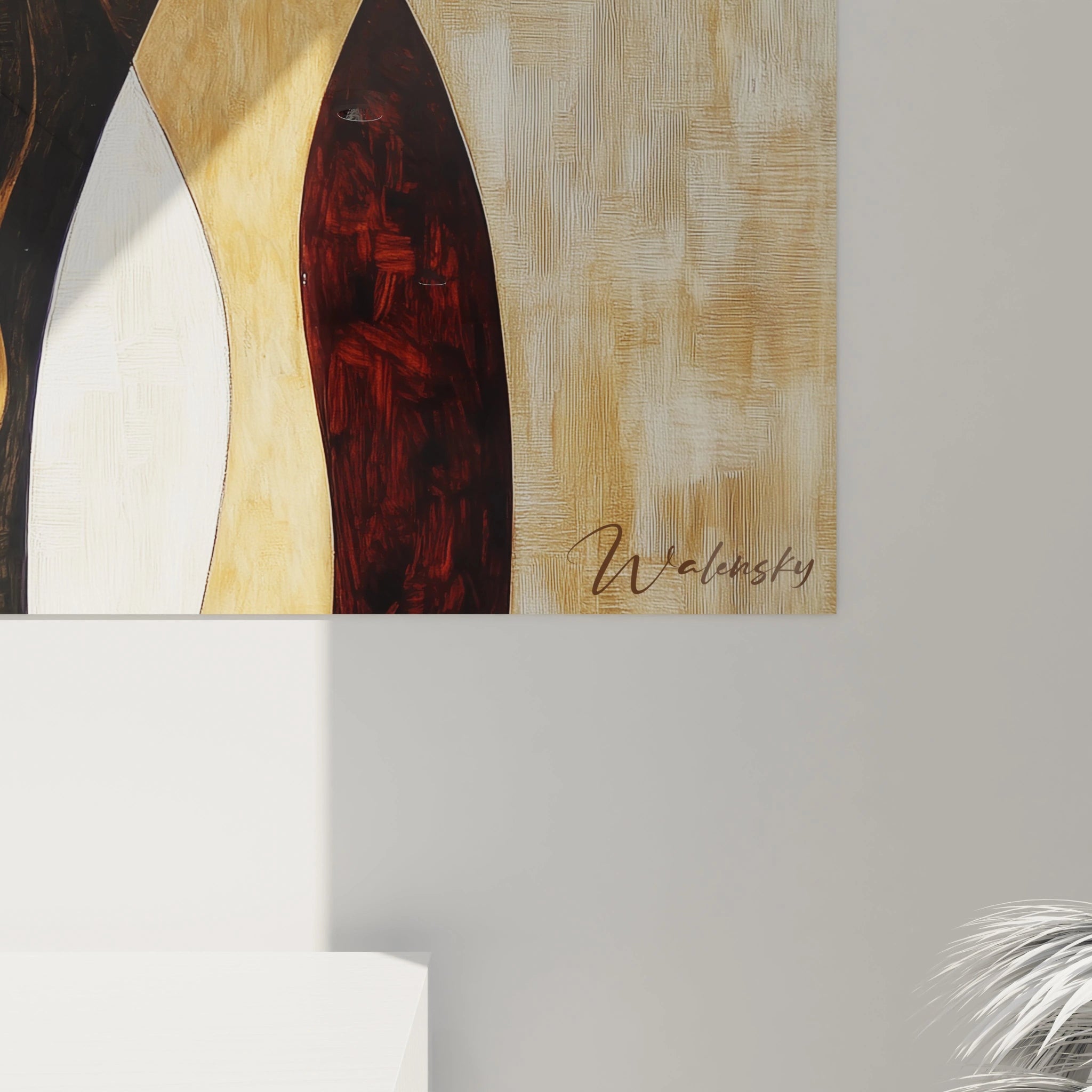Tableau africain mural Walensky avec motifs abstraits en tons beige, blanc, rouge et marron