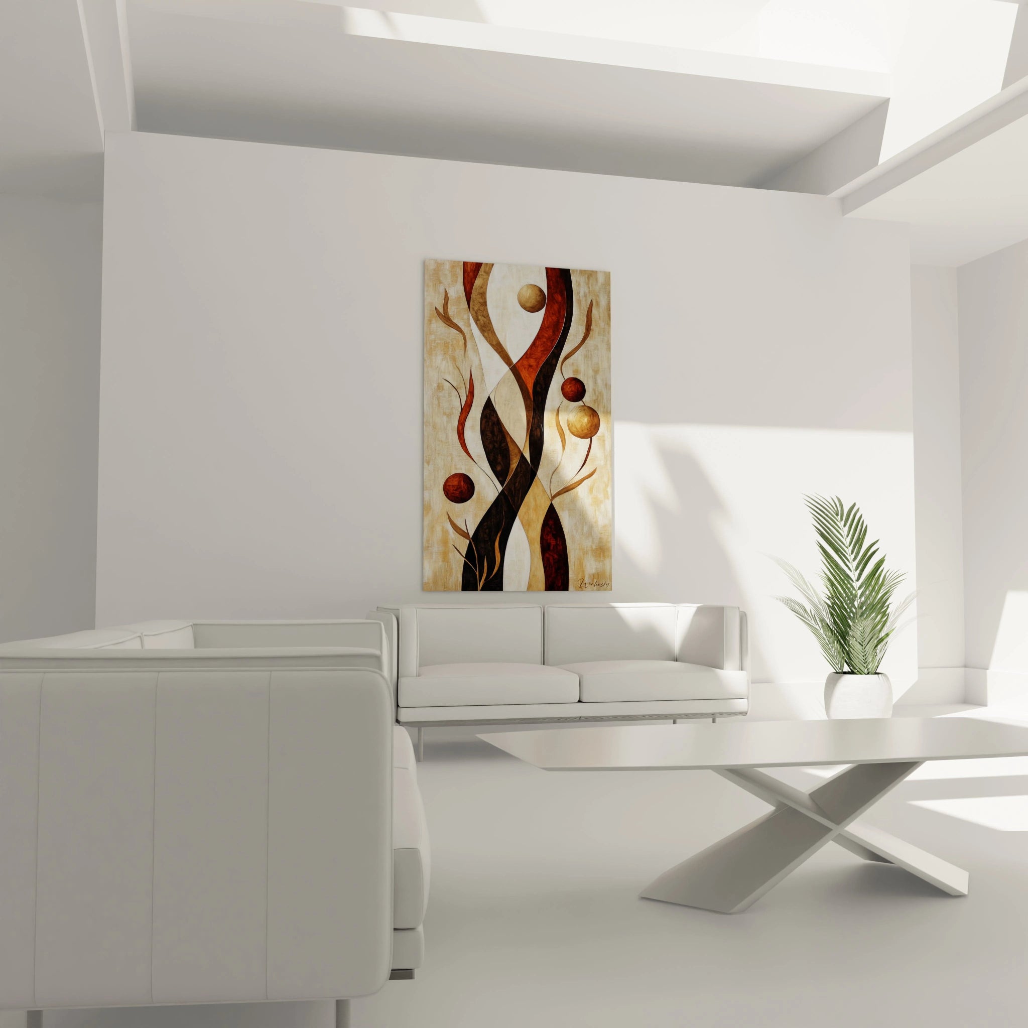 Tableau africain mural abstrait aux couleurs chaudes accroché dans un salon moderne blanc