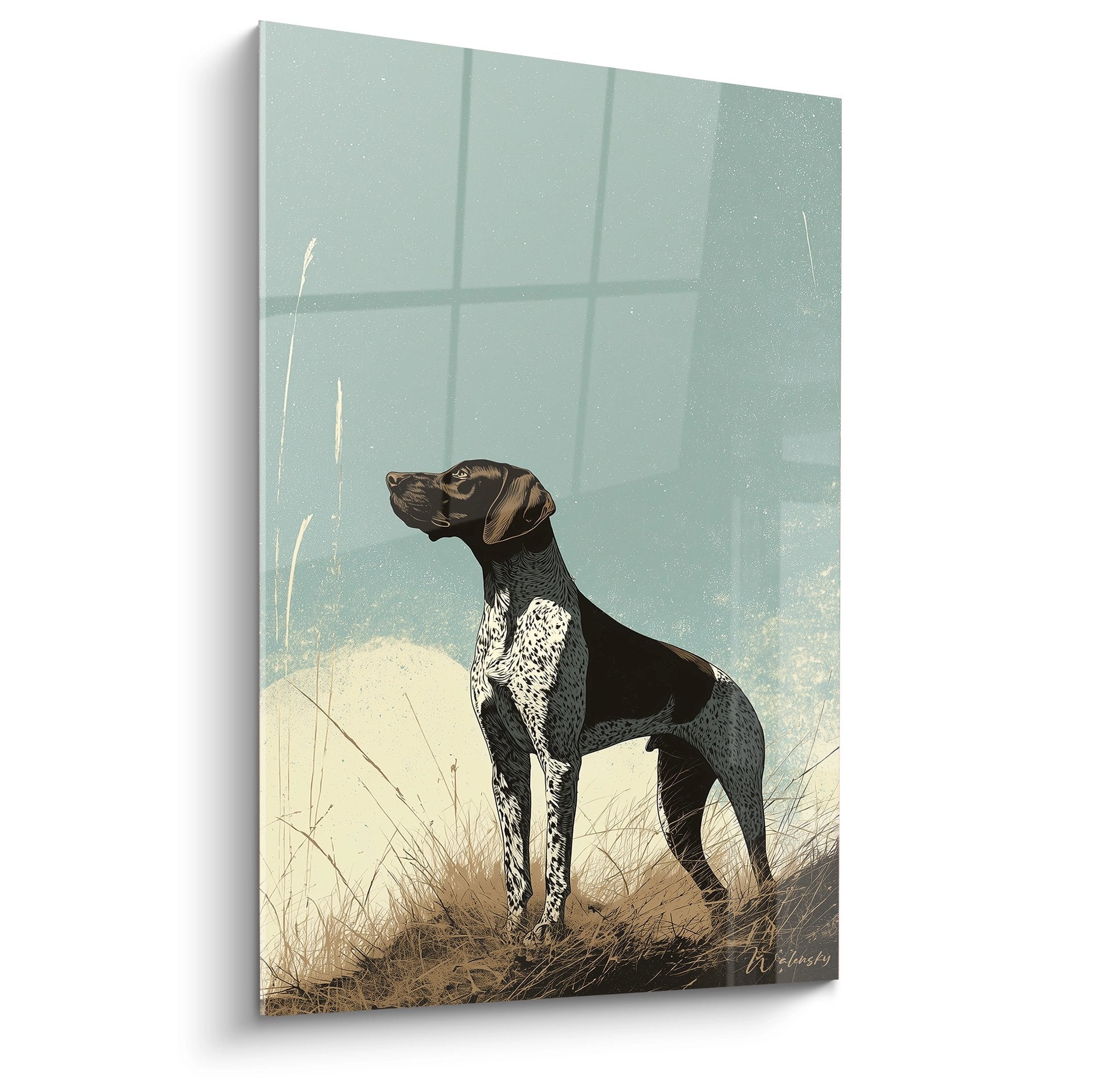 Tableau braque allemand en position d'arret dans paysage de lande aux tons vert d'eau et beige naturel