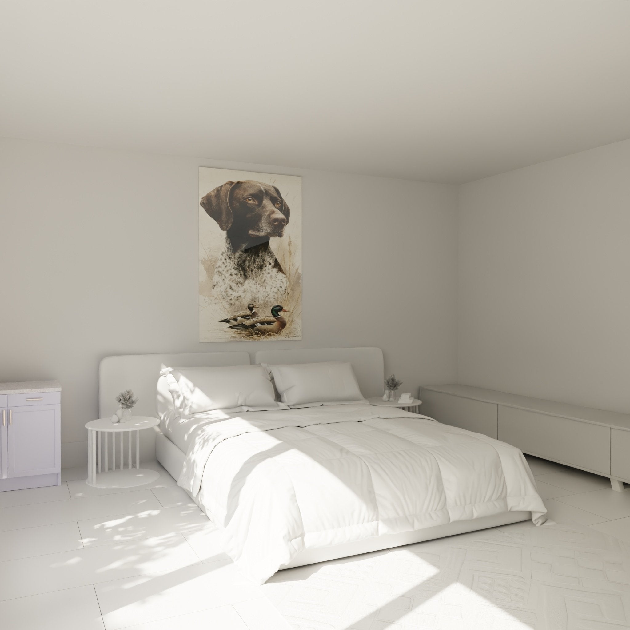 Quadro Bracco Tedesco caccia anatre che decora camera da letto ambiente naturale toni terrosi