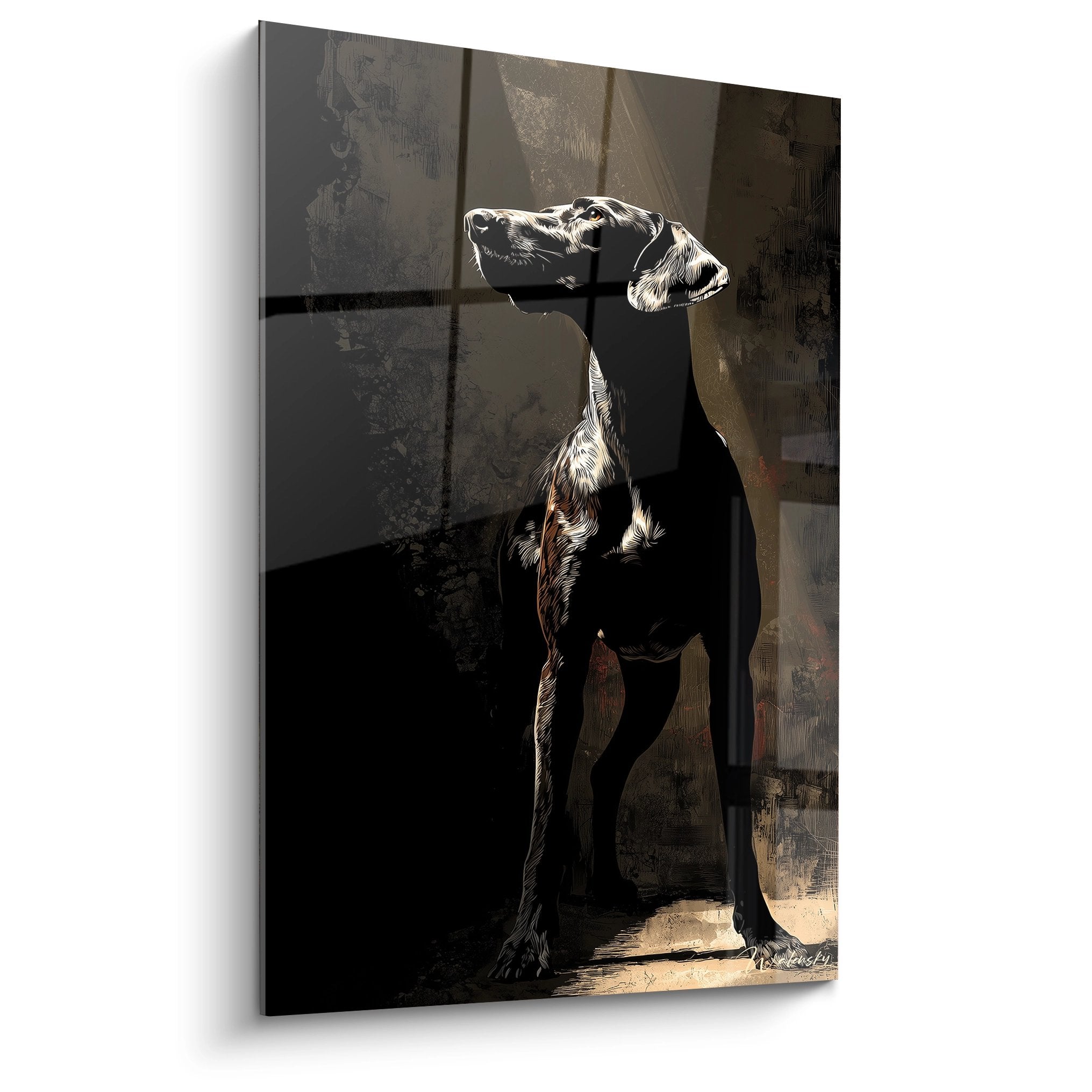 Tableau artistique Braque Allemand en profil contemplant, tonalites terre et ocre, art canin contemporain