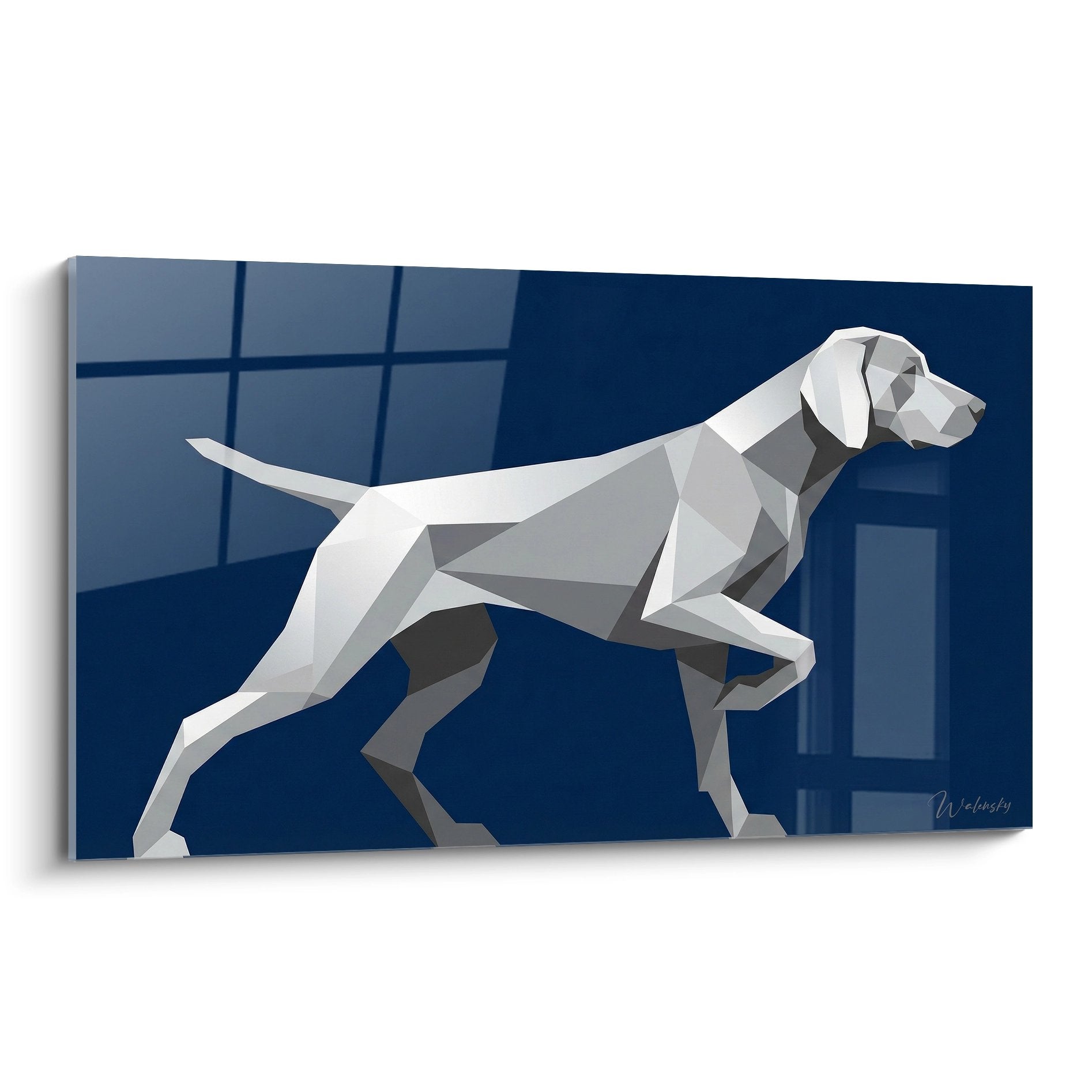 Tableau géométrique Braque de Weimar blanc en mouvement sur fond bleu profond, art mural contemporain