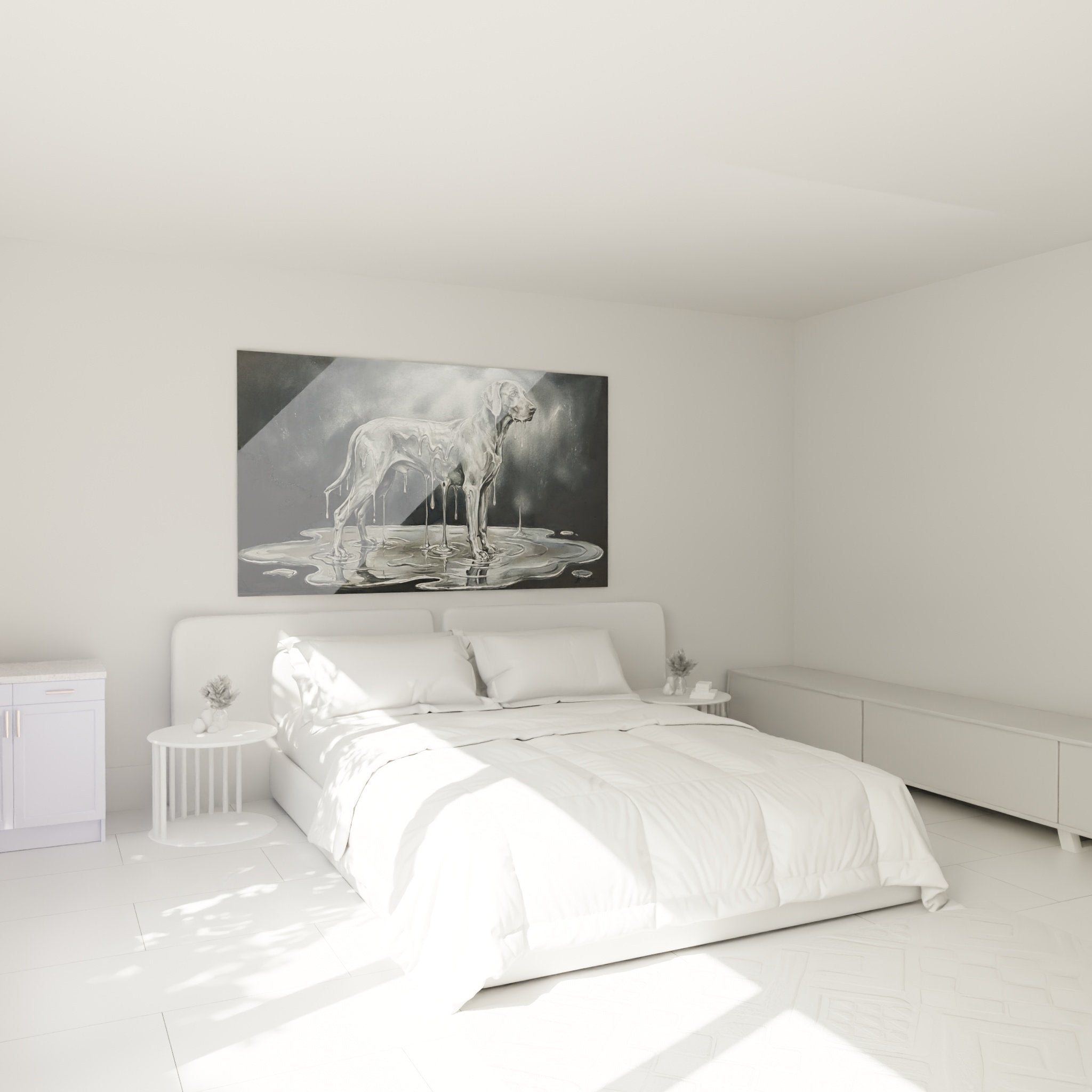 Braque Weimar liquefied painting hung in modern bedroom with minimalist grey decor