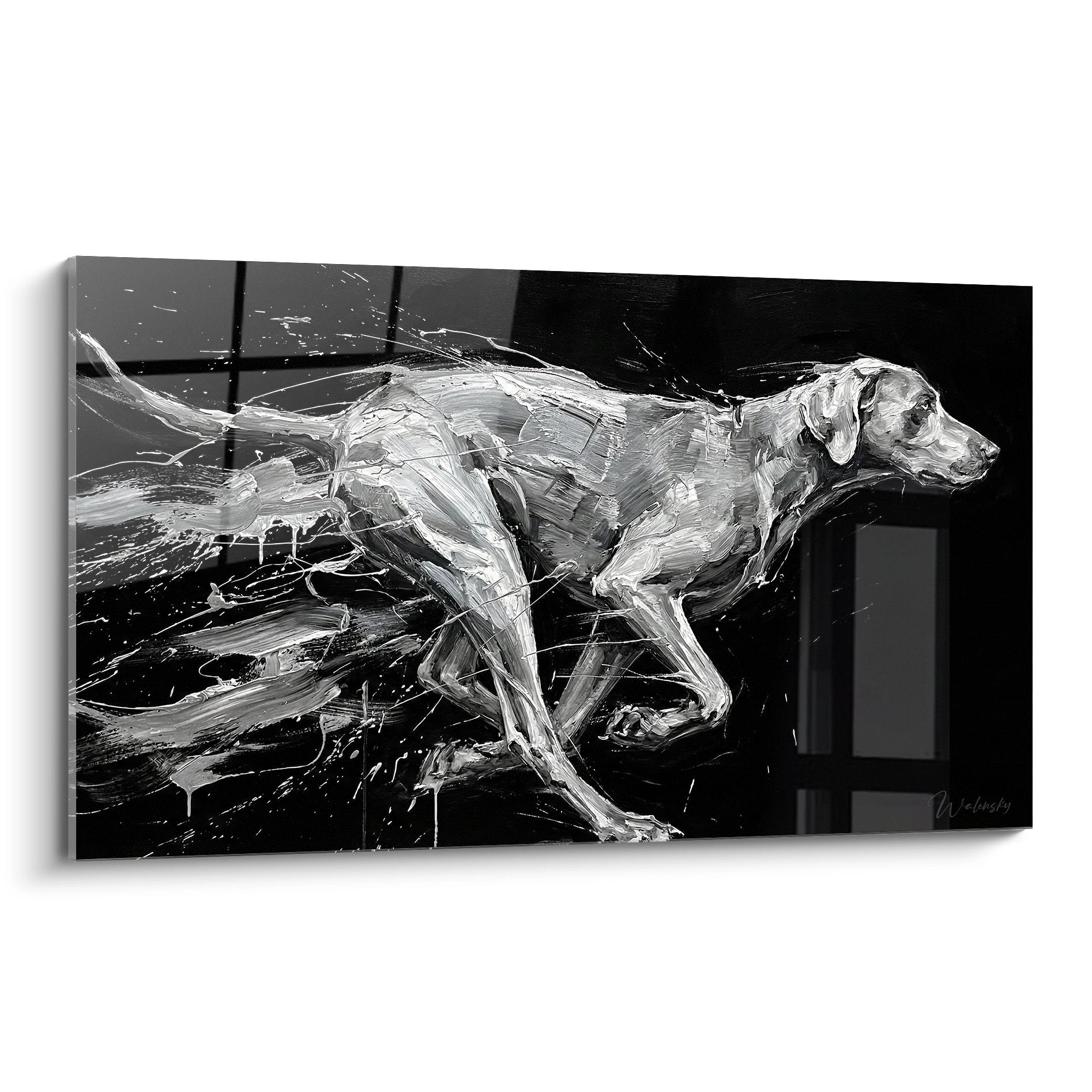 Tableau moderne braque de weimar en mouvement noir et blanc avec eclaboussures peinture style expressif