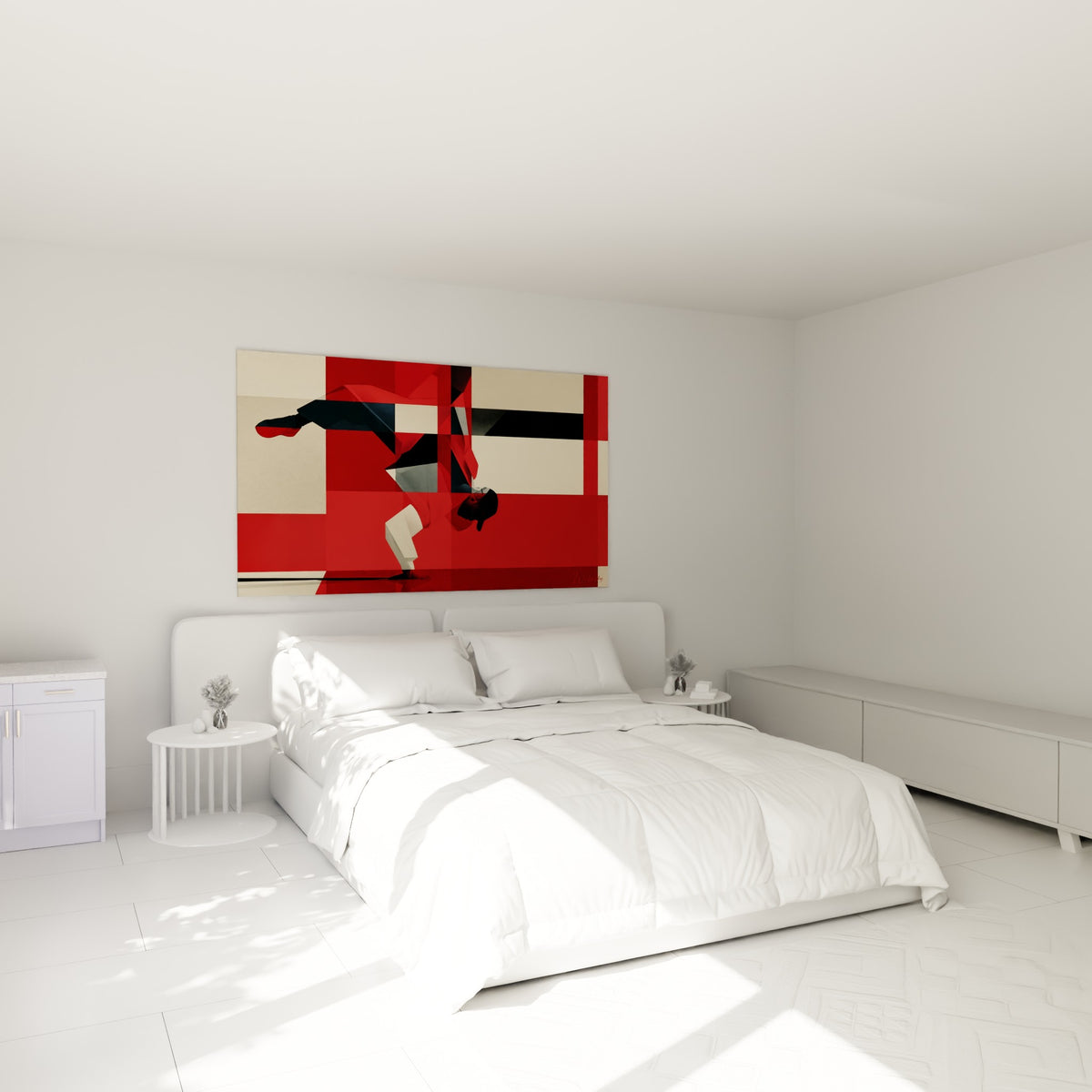 Danseur breakdance stylisé en rouge et anthracite, accroché au-dessus d'un lit dans une chambre claire