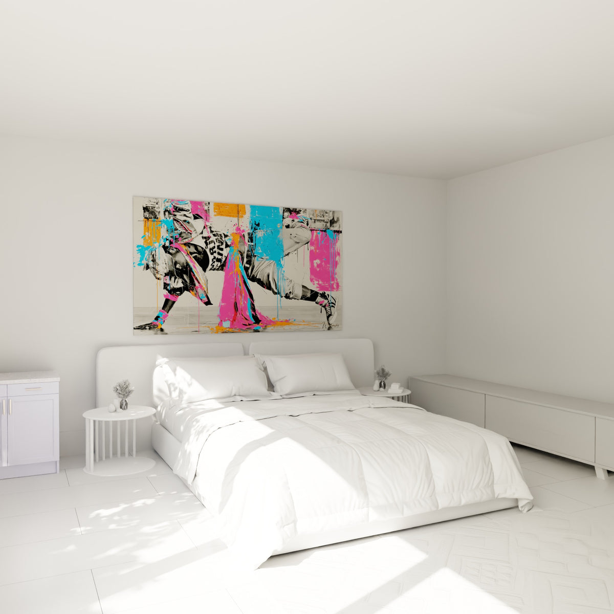 Silhouette breakdance en appui, éclats fuchsia et bleu pastel, accrochée au-dessus d'un lit dans une chambre claire