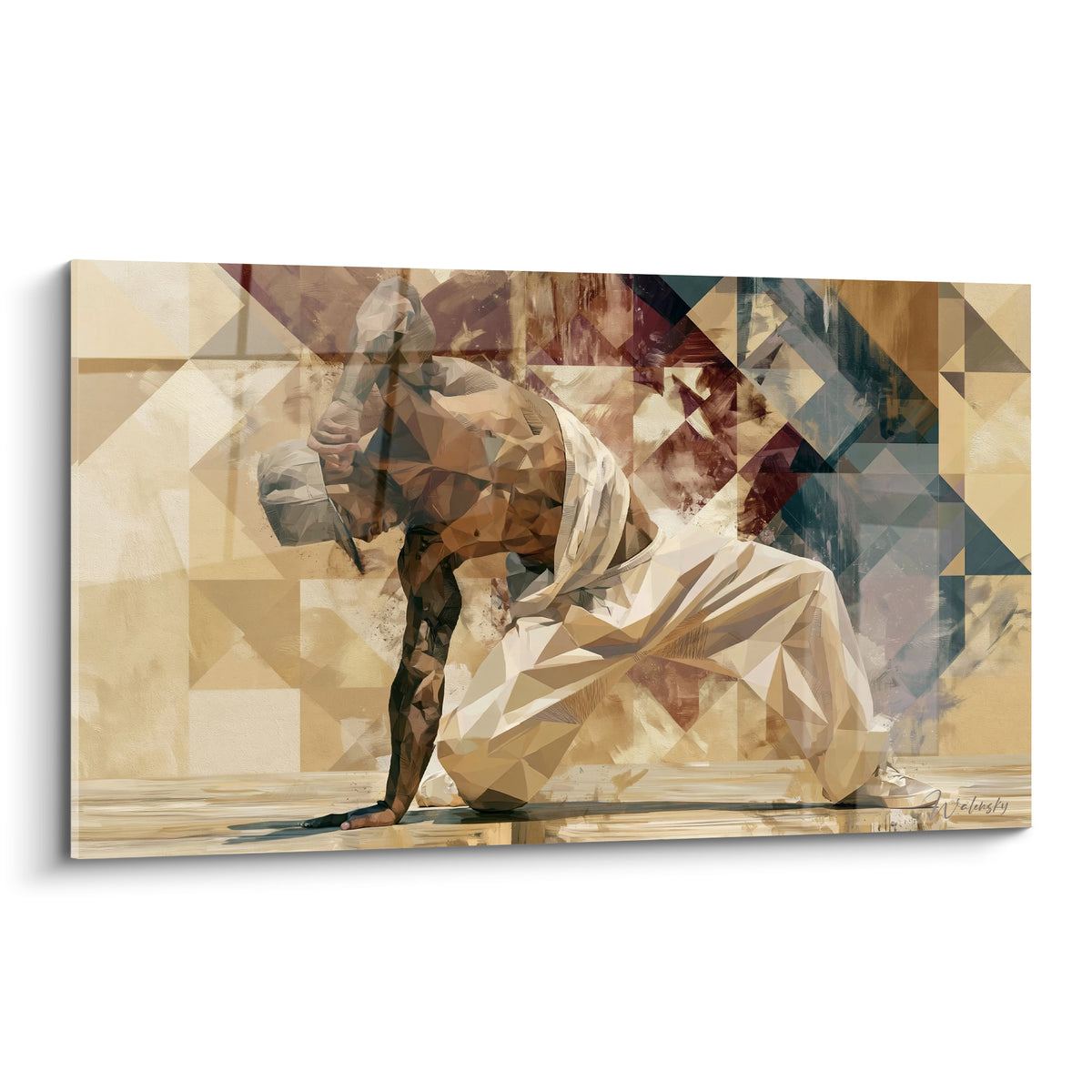 Danseur breakdance en appui sur une main, tons beige et bordeaux, style géométrique fragmenté