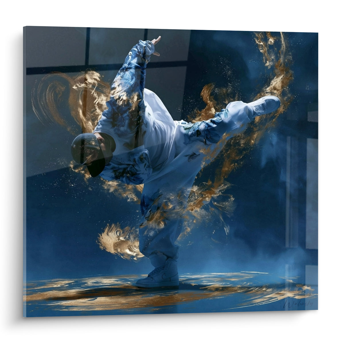 Danseur breakdance en appui sur une main, bleu marine et doré, figure acrobatique suspendue
