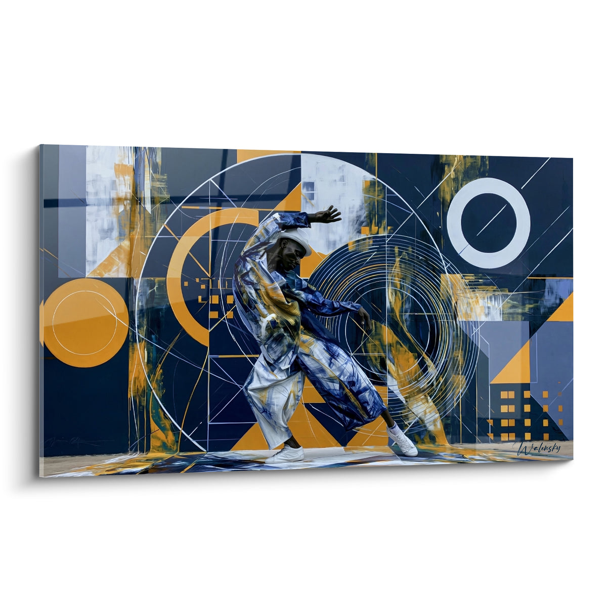Danseur breakdance en mouvement, survêtement bleu et blanc, fond ocre et bleu marine géométrique
