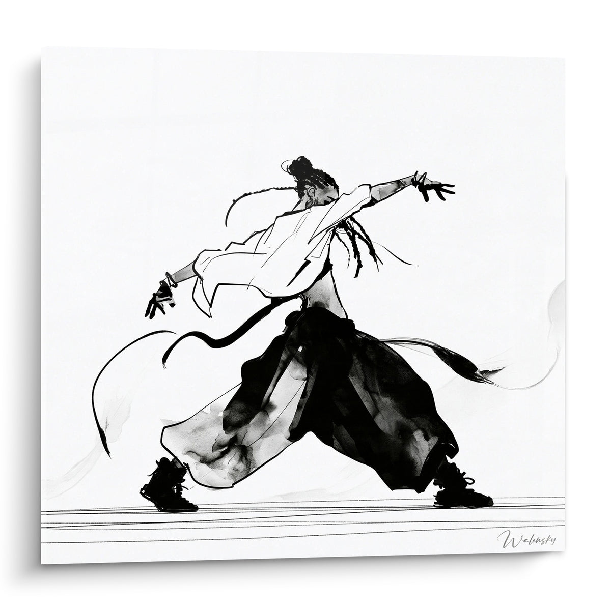 Danseur breakdance en encre noire et blanche, geste suspendu, pantalon ample et chaussures sombres