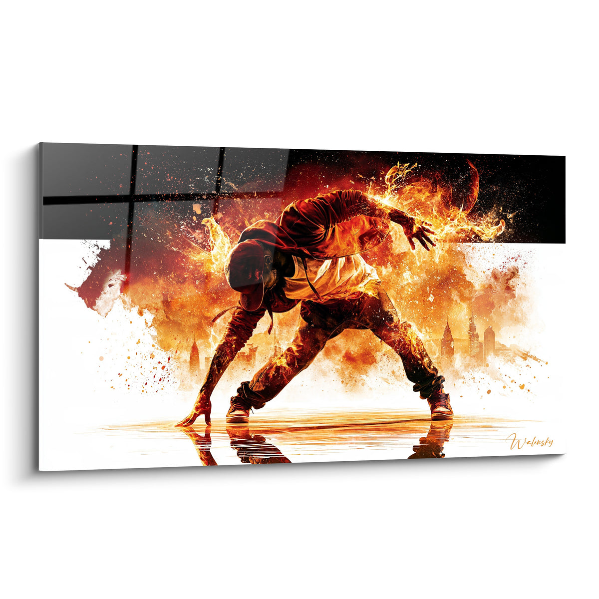 Danseur Breakdance figé au sol, flammes orange et fond anthracite, éclaboussures ambrées