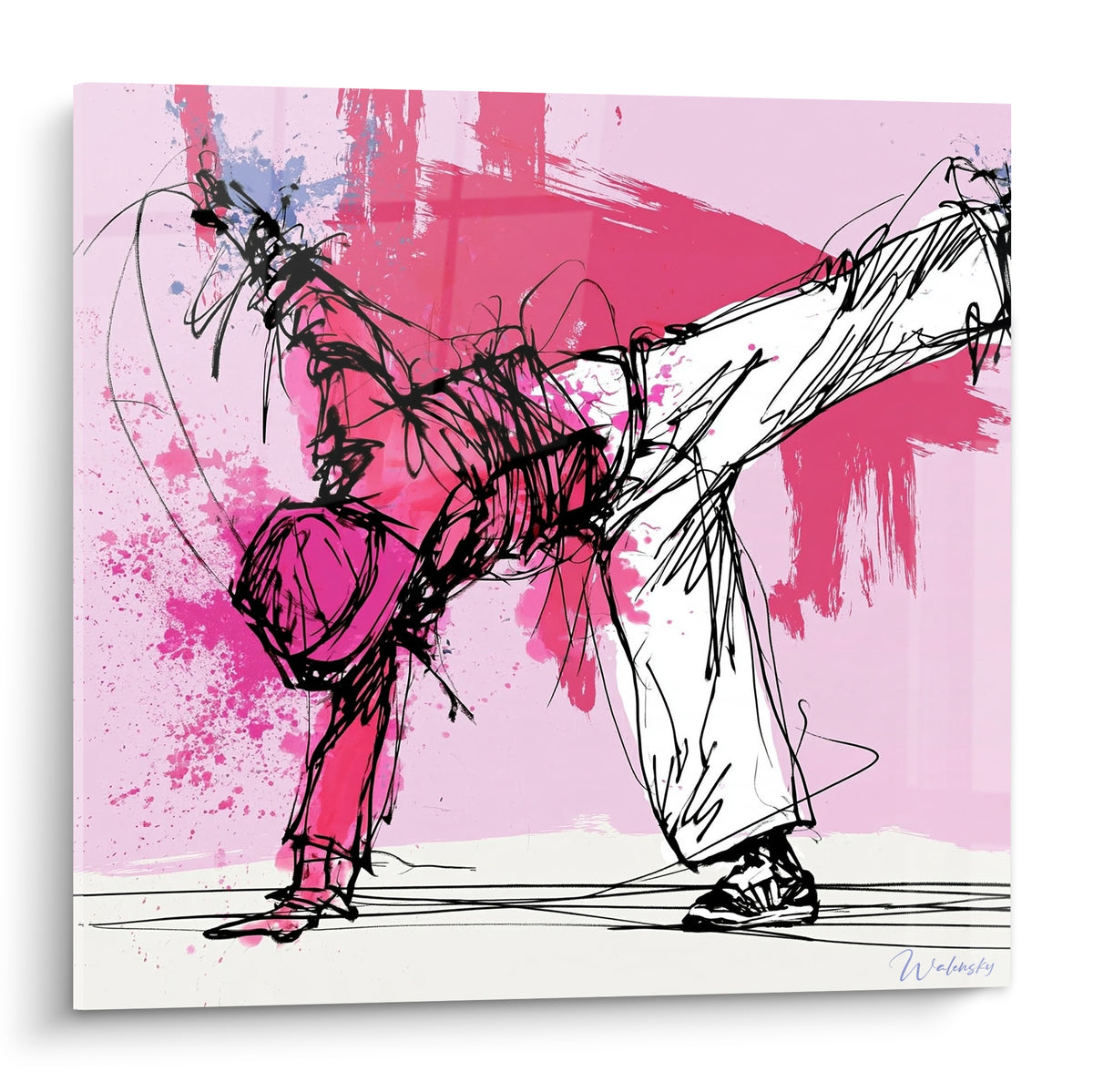 Danseur breakdance en équilibre sur une main, teintes rose fuchsia et blanc, trait esquissé nerveux