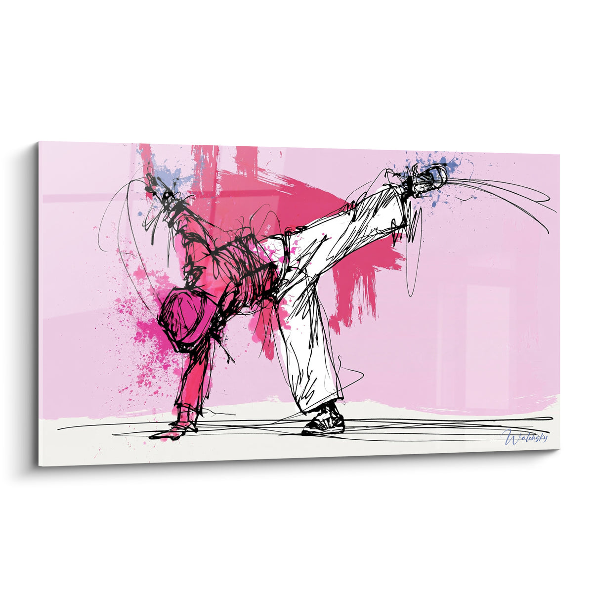 Danseur breakdance en figure au sol, jambe tendue, fond rose et fuchsia éclaboussé