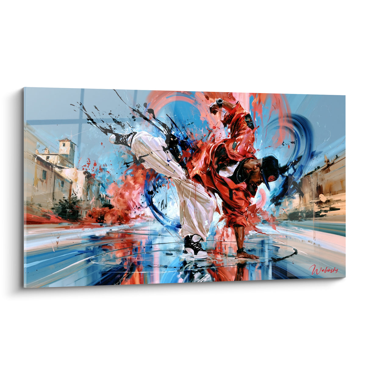 Danseur breakdance en appui, veste rouge et pantalon blanc, éclats bleu marine et noir