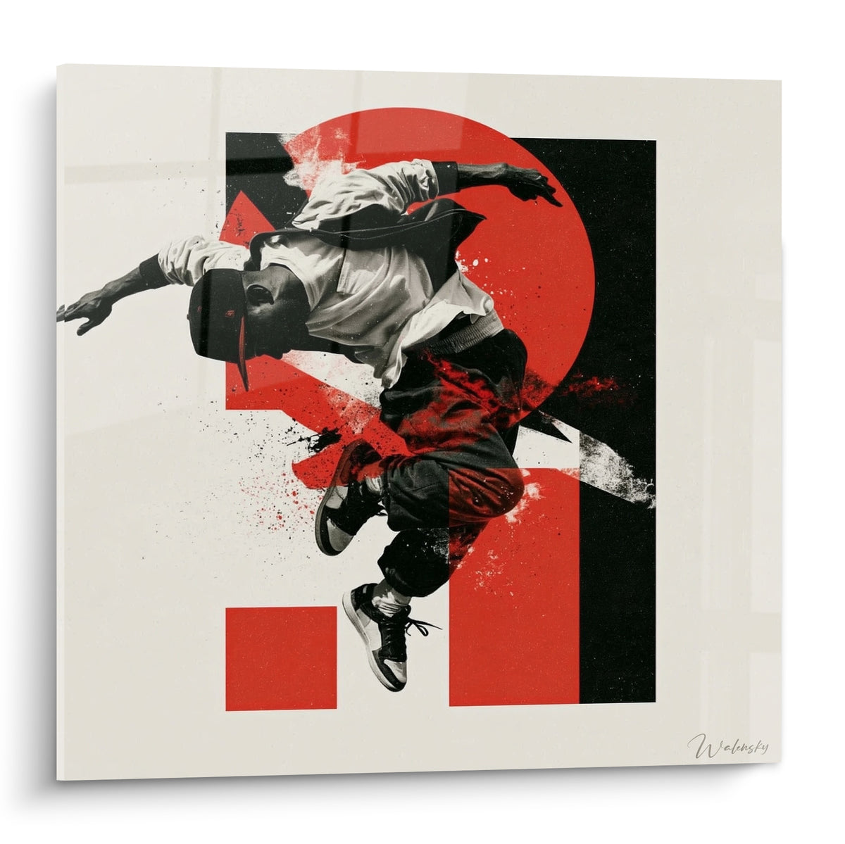 Danseur breakdance figé en plein saut sur fond rouge et noir, style collage urbain