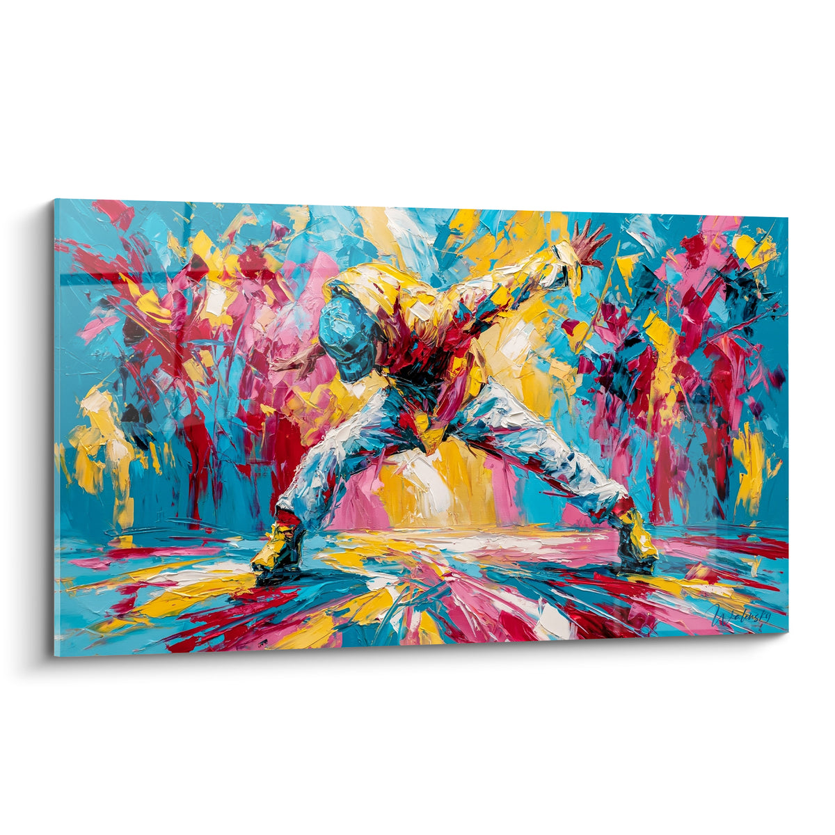 Danseur en pleine figure de breakdance, silhouette turquoise et jaune sur fond éclaté rose