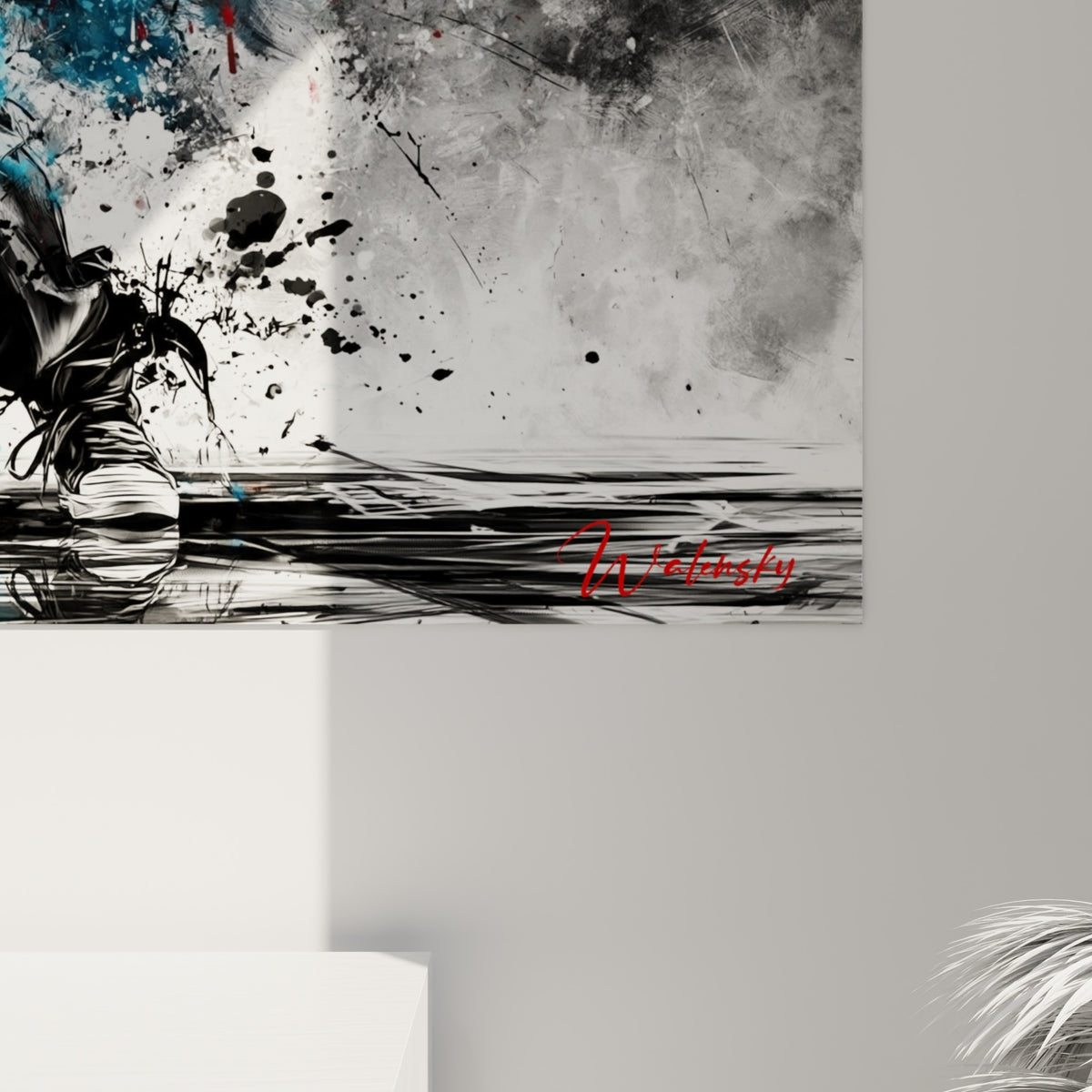 Détail des empâtements Breakdance où le rouge et le bleu se mêlent au grain noir et blanc de l'impression