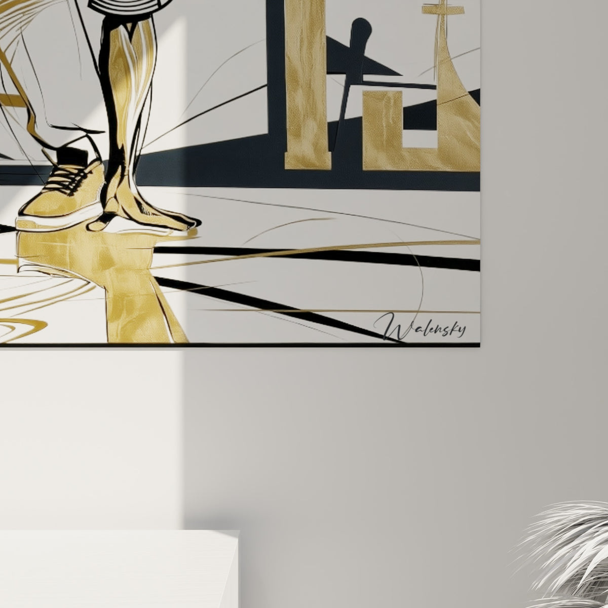 Traits dorés et noirs du tableau breakdance révélant la matière picturale et les empâtements de peinture