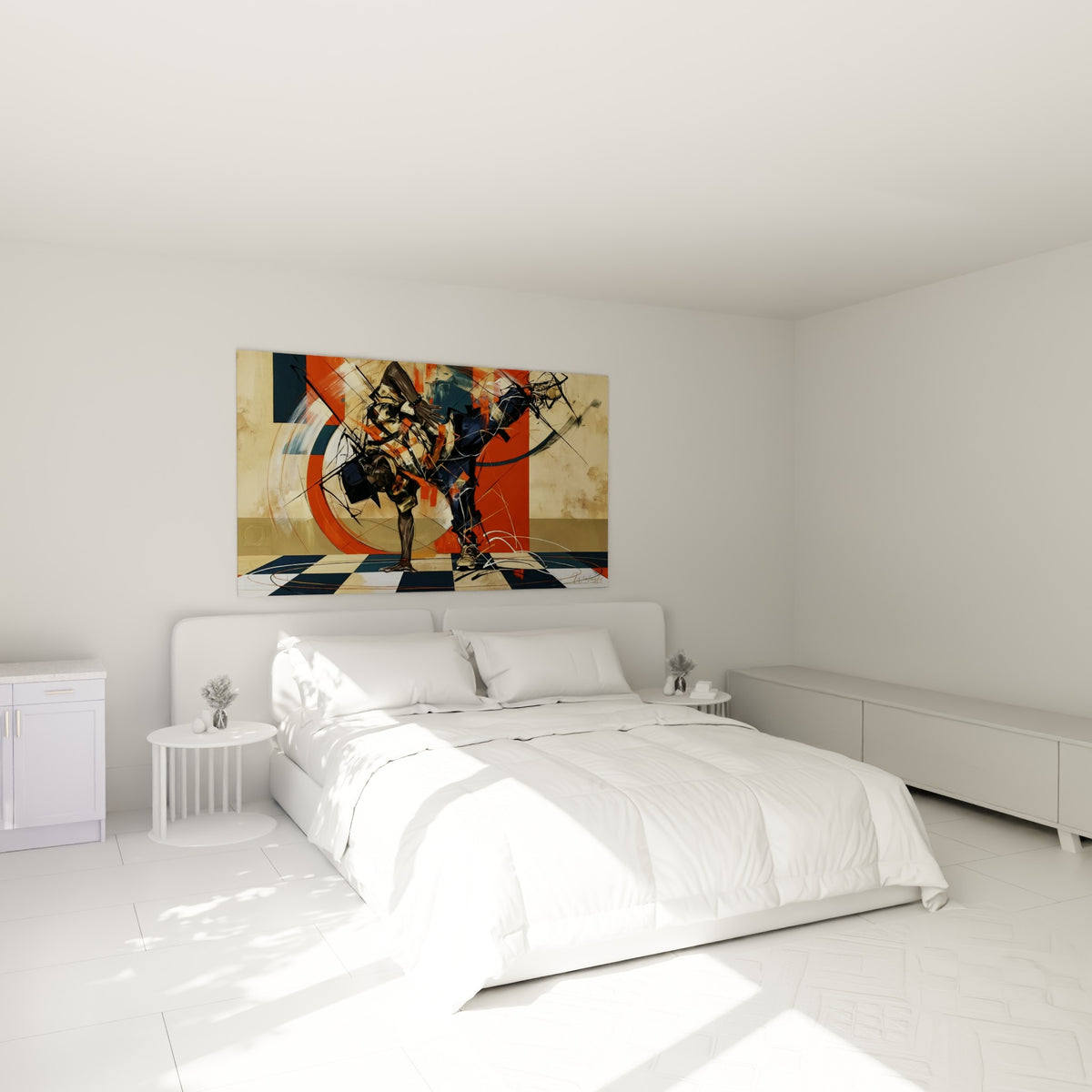Silhouette breakdance ocre et anthracite au-dessus d'un lit dans une chambre claire