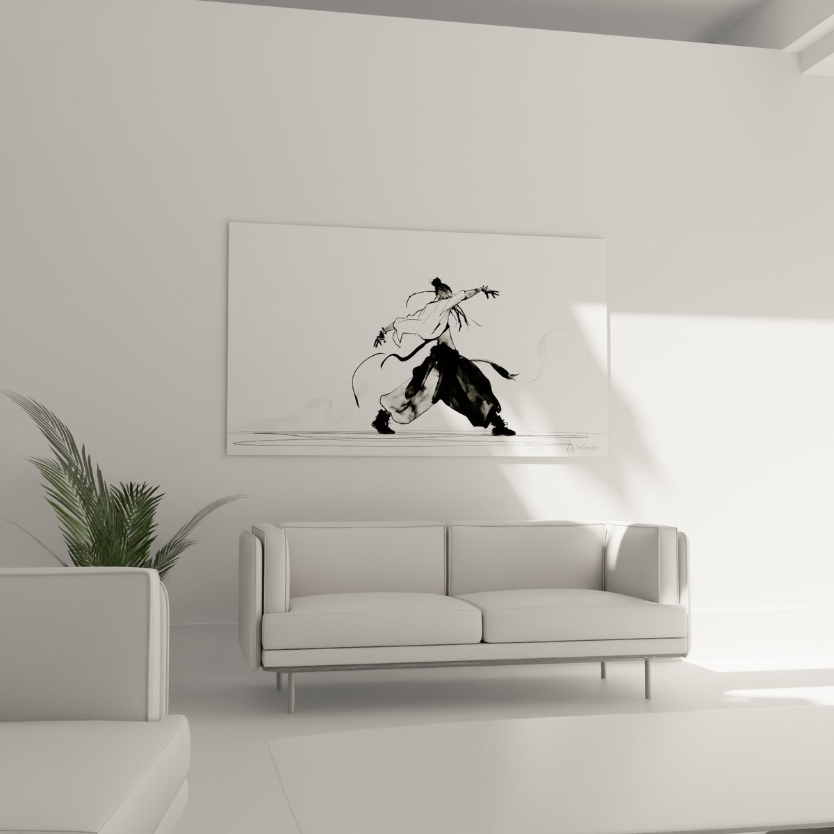 Geste breakdance anthracite et blanc suspendu au-dessus d'un canapé dans un salon lumineux