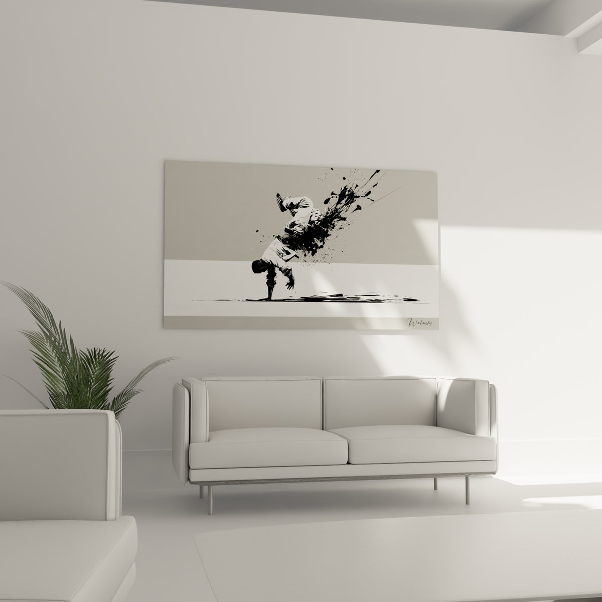Figure acrobatique breakdance encre noire dispersée, suspendue au-dessus d'un canapé dans un salon lumineux