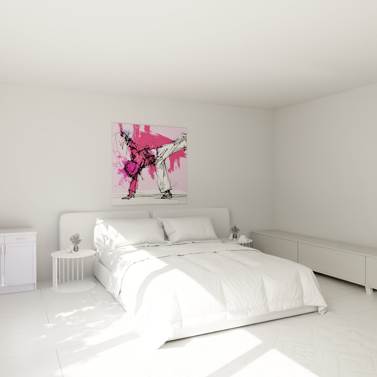 Figure breakdance jambe tendue en rose et blanc accrochée au-dessus d'un lit dans une chambre claire