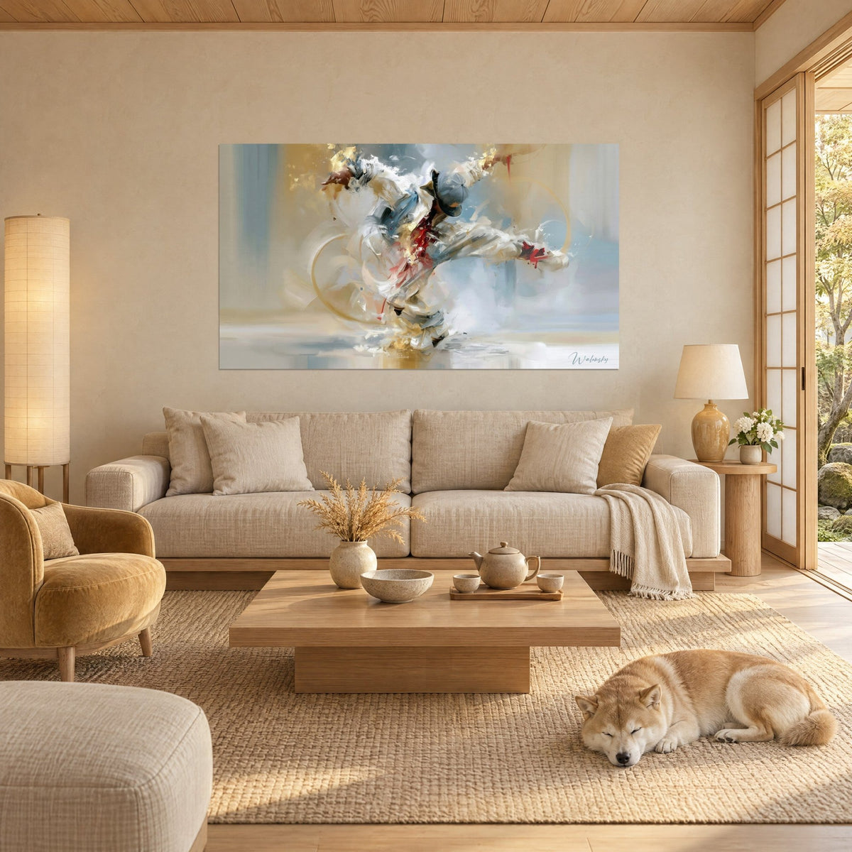 Tableau danseur de breakdance en pleine acrobatie, casquette bleue, éclats dorés et touches rouges, Shiba couché, au-dessus d'un canapé dans un salon lumineux