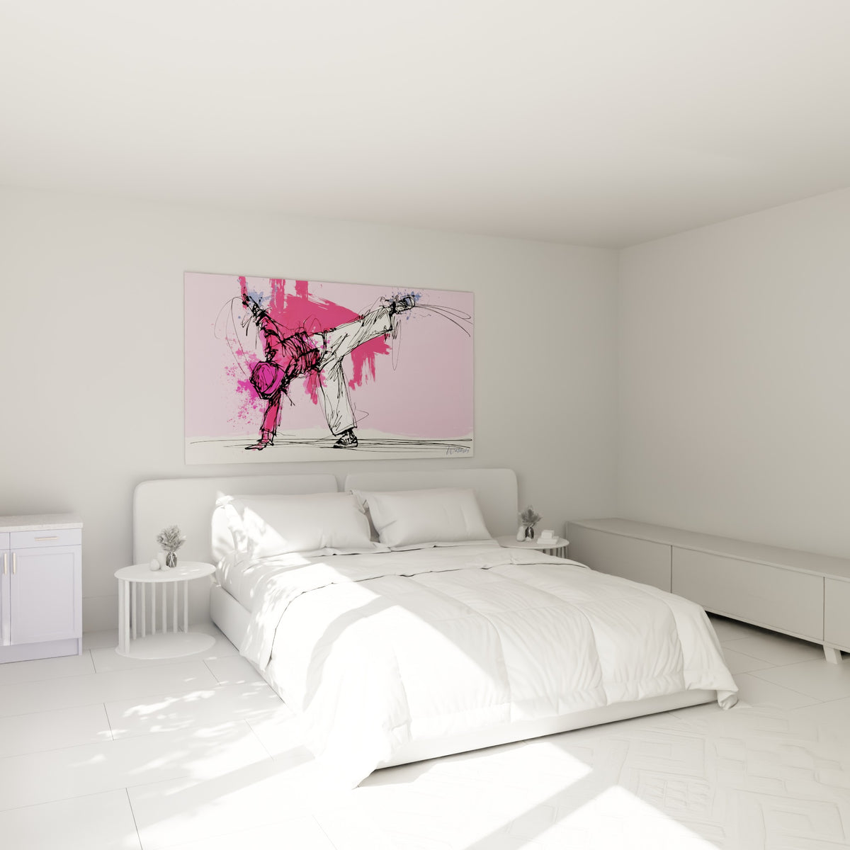 Silhouette breakdance esquissée en noir sur fond fuchsia, au-dessus d'un lit dans une chambre claire