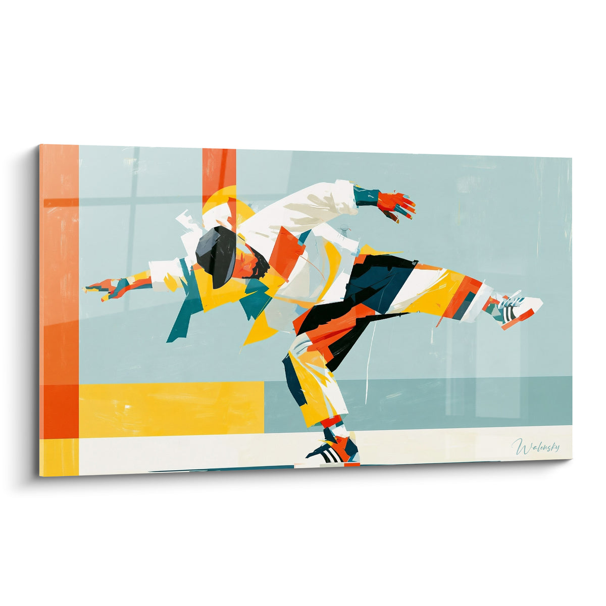 Danseur breakdance en freeze, bleu pastel et orange terracotta, silhouette fragmentée graphique