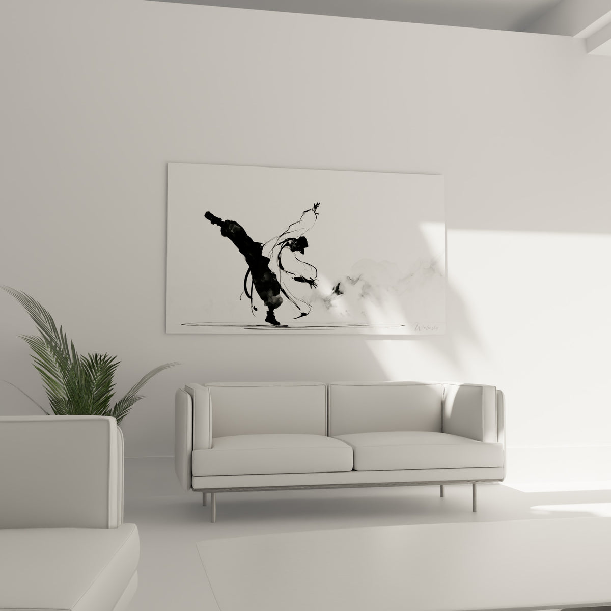 Danseur breakdance encre noire et fumée grise capté en mouvement, au-dessus d'un canapé dans un salon lumineux