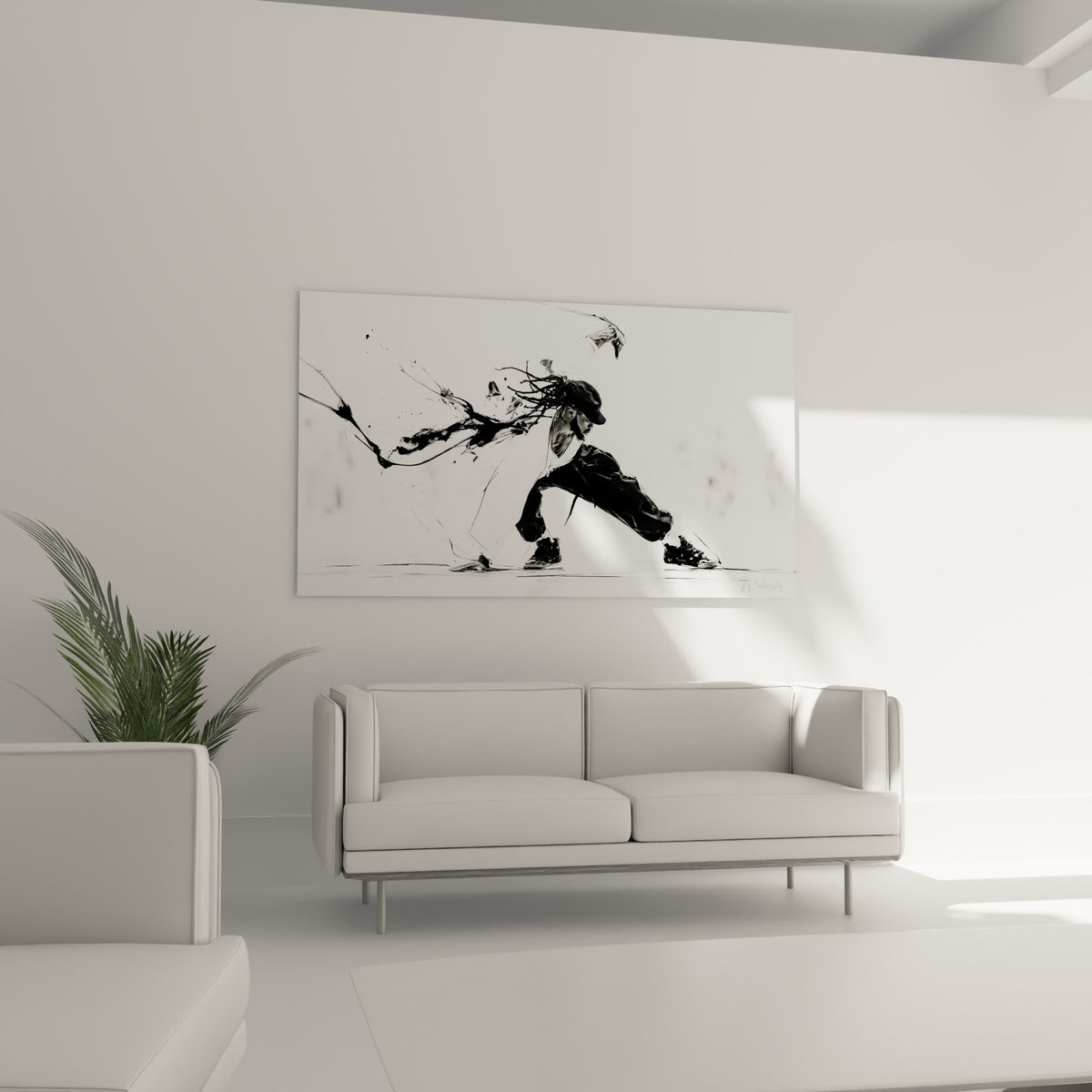 Geste de danseur breakdance en encre noire suspendu au-dessus d'un canapé dans un salon lumineux