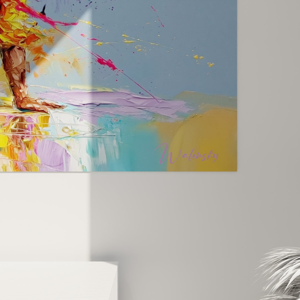 Empâtements épais bleu marine et jaune doré, coulures de peinture visibles sur ce tableau breakdance